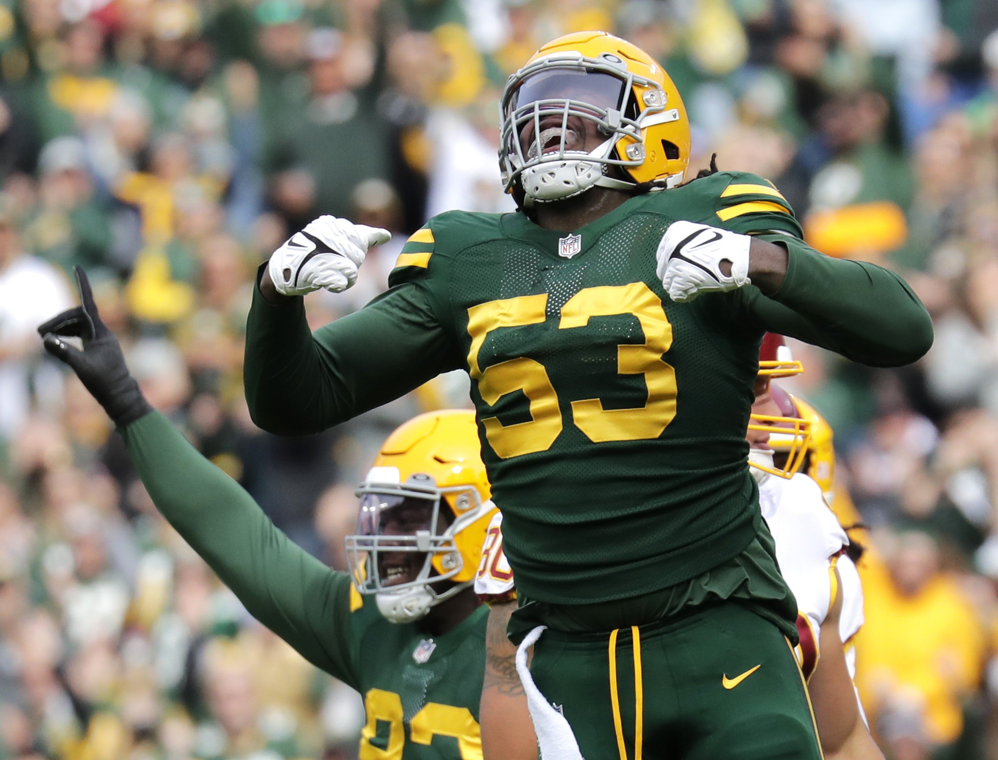 Oct 24, 2021; Green Bay, WI, USA; Green Bay Packers linebacker Jonathan Garvin (53) reacts after the Washington Football Team missed a field goal in the second quarter during their football game Sunday, October 24, 2021, at Lambeau Field in Green Bay, Wis.
