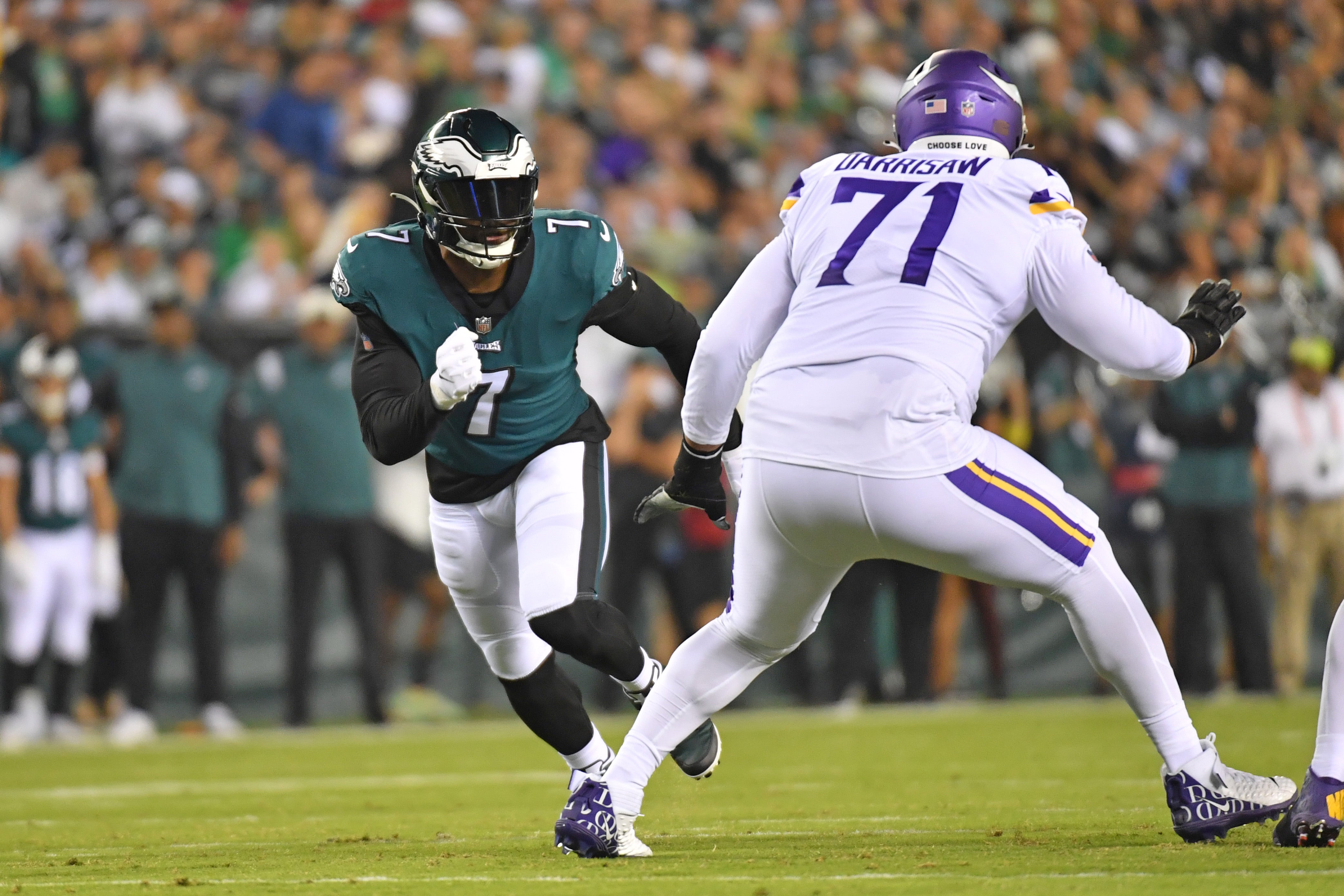 Sep 19, 2022; Philadelphia, Pennsylvania, USA; Philadelphia Eagles linebacker Haason Reddick (7) against Minnesota Vikings offensive tackle Christian Darrisaw (71) at Lincoln Financial Field.
