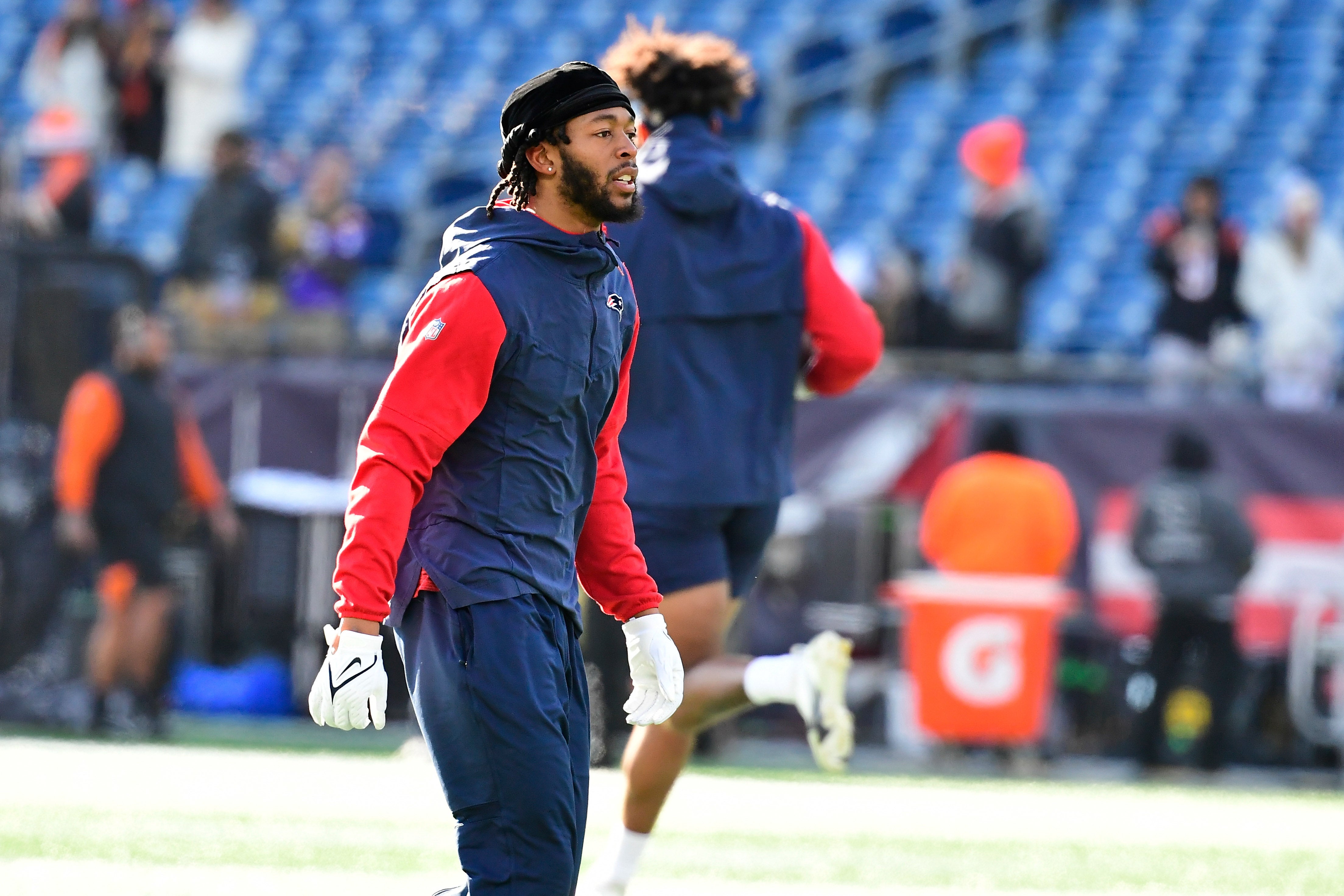 Dec 24, 2022; Foxborough, Massachusetts, USA; New England Patriots wide receiver Jakobi Meyers (16) warms up before a game against the Cincinnati Bengals at Gillette Stadium.