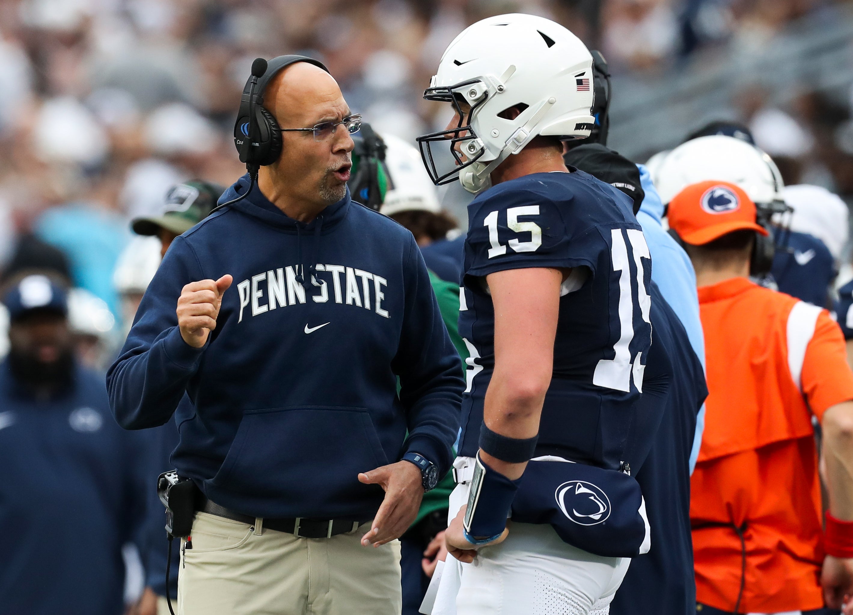 Oct 28, 2023; University Park, Pennsylvania, USA; Penn State Nittany Lions head coach James Franklin talks with quarterback Drew Allar (15) on the sideline during the first quarter against the Indiana Hoosiers at Beaver Stadium. Mandatory Credit: Matthew O'Haren-USA TODAY Sports