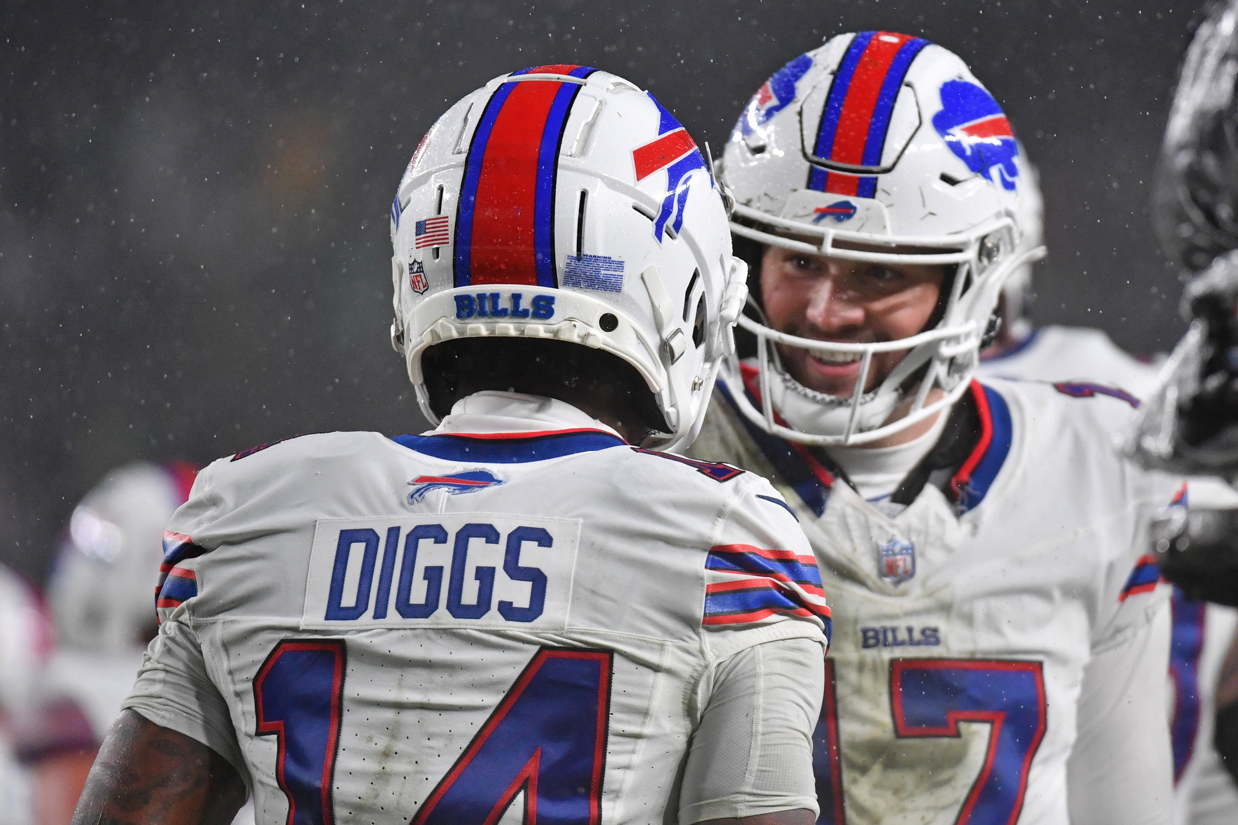 Nov 26, 2023; Philadelphia, Pennsylvania, USA; Buffalo Bills wide receiver Stefon Diggs (14) celebrates his touchdown with quarterback Josh Allen (17) against the Philadelphia Eagles during the second quarter at Lincoln Financial Field.