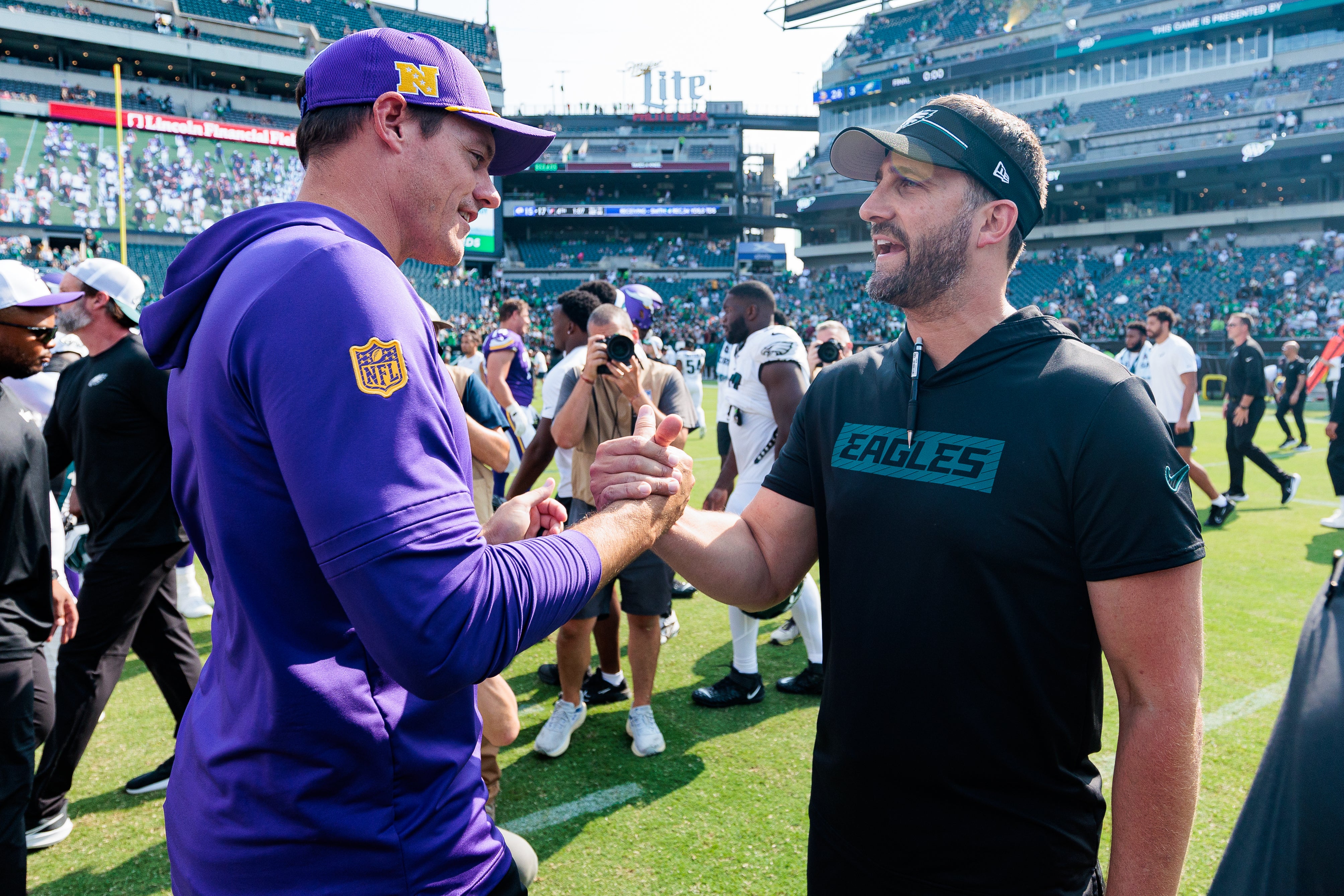 Aug 24, 2024; Philadelphia, Pennsylvania, USA; Minnesota Vikings head coach Kevin O’Connell and Philadelphia Eagles head coach Nick Sirianni speak after the game at Lincoln Financial Field.