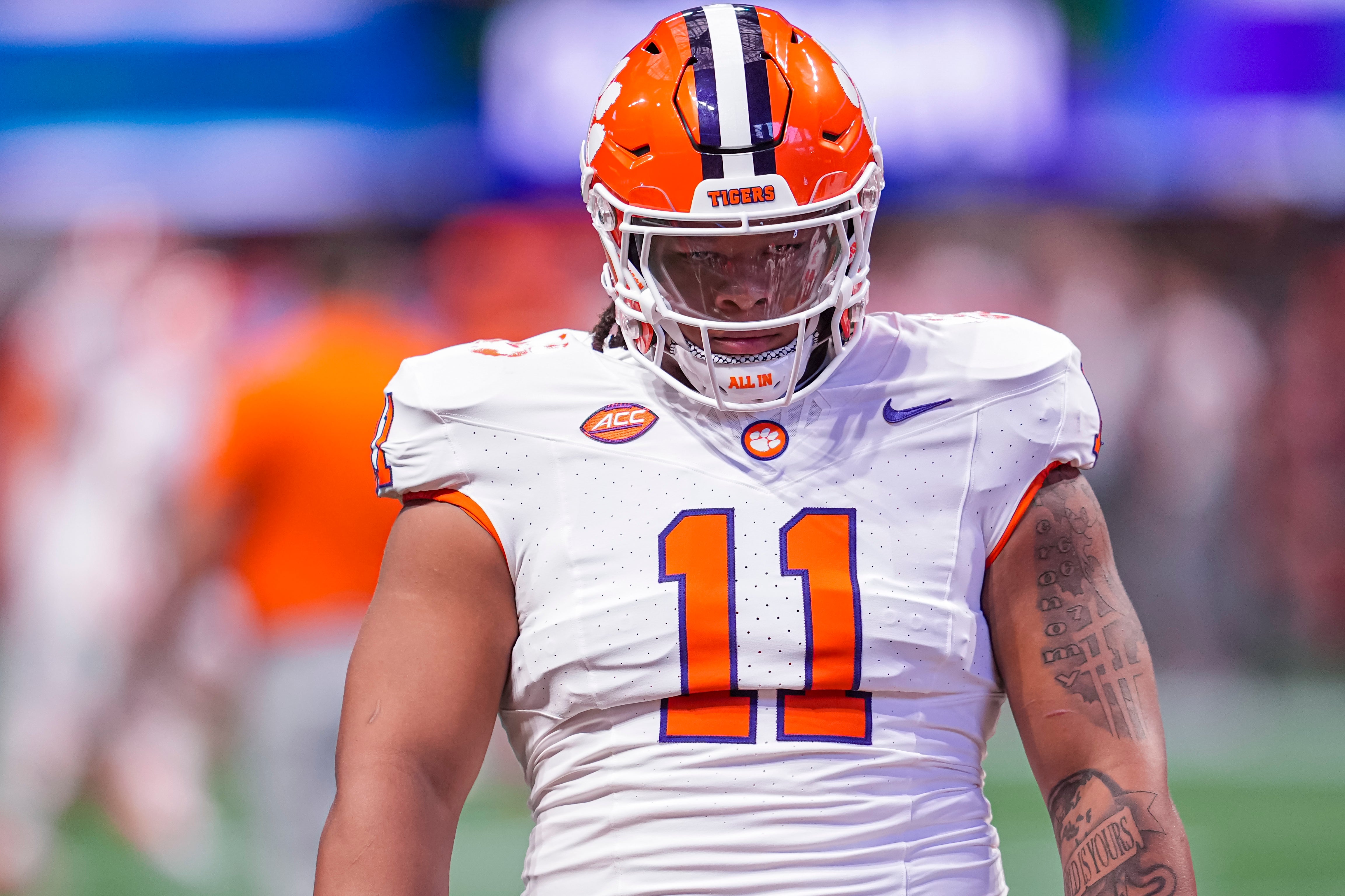 Aug 31, 2024; Atlanta, Georgia, USA; Clemson Tigers defensive lineman Peter Woods (11) shown on the field pregame prior to the game against the Georgia Bulldogs at Mercedes-Benz Stadium. Mandatory Credit: Dale Zanine-USA TODAY Sports