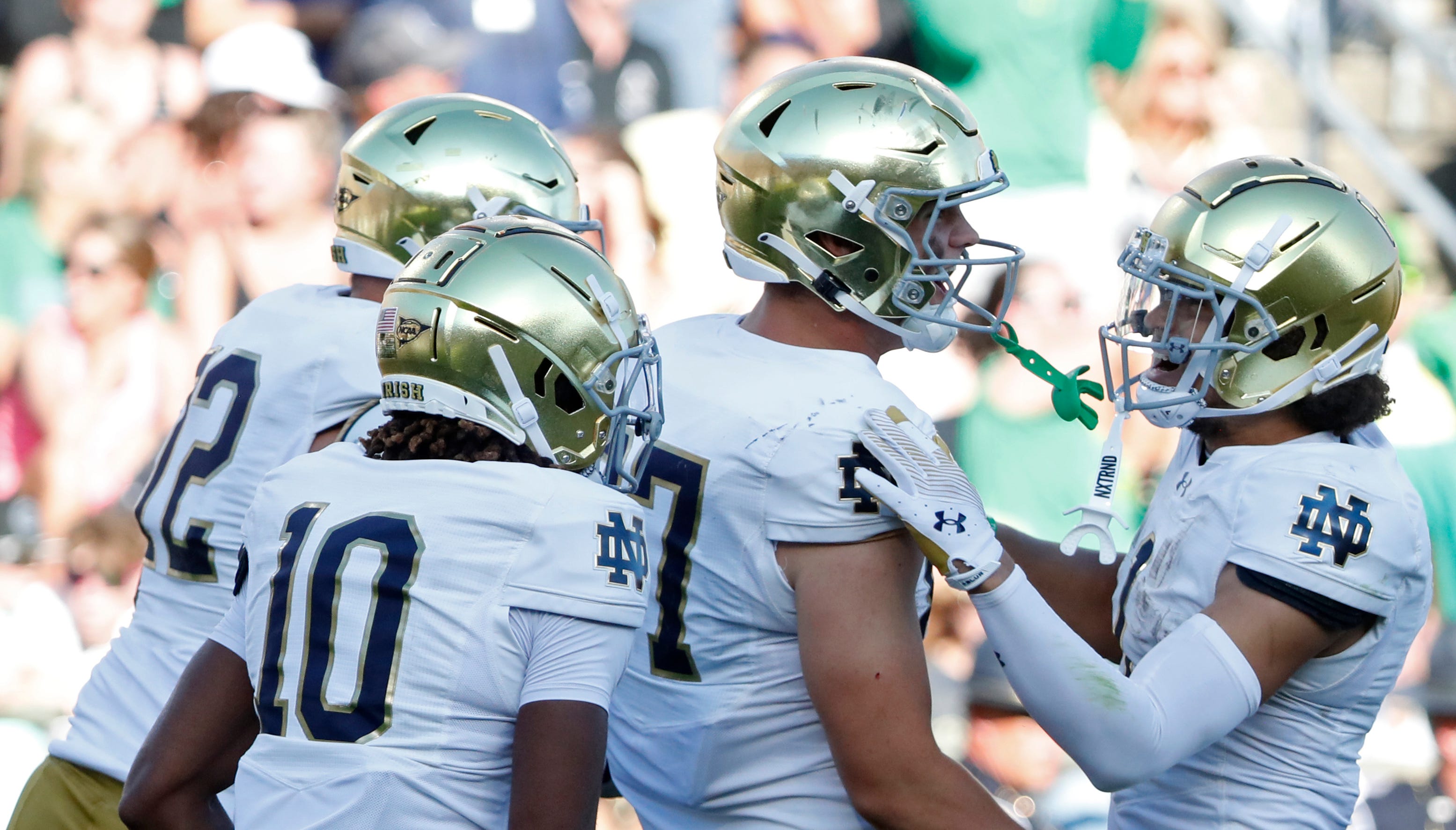 Notre Dame Fighting Irish tight end Cooper Flanagan (87) celebrates with teammates after scoring a touchdown Saturday, Sept. 14, 2024, during the NCAA football game against the Purdue Boilermakers at Ross-Ade Stadium in West Lafayette, Ind. Notre Dame Fighting Irish won 66-7.