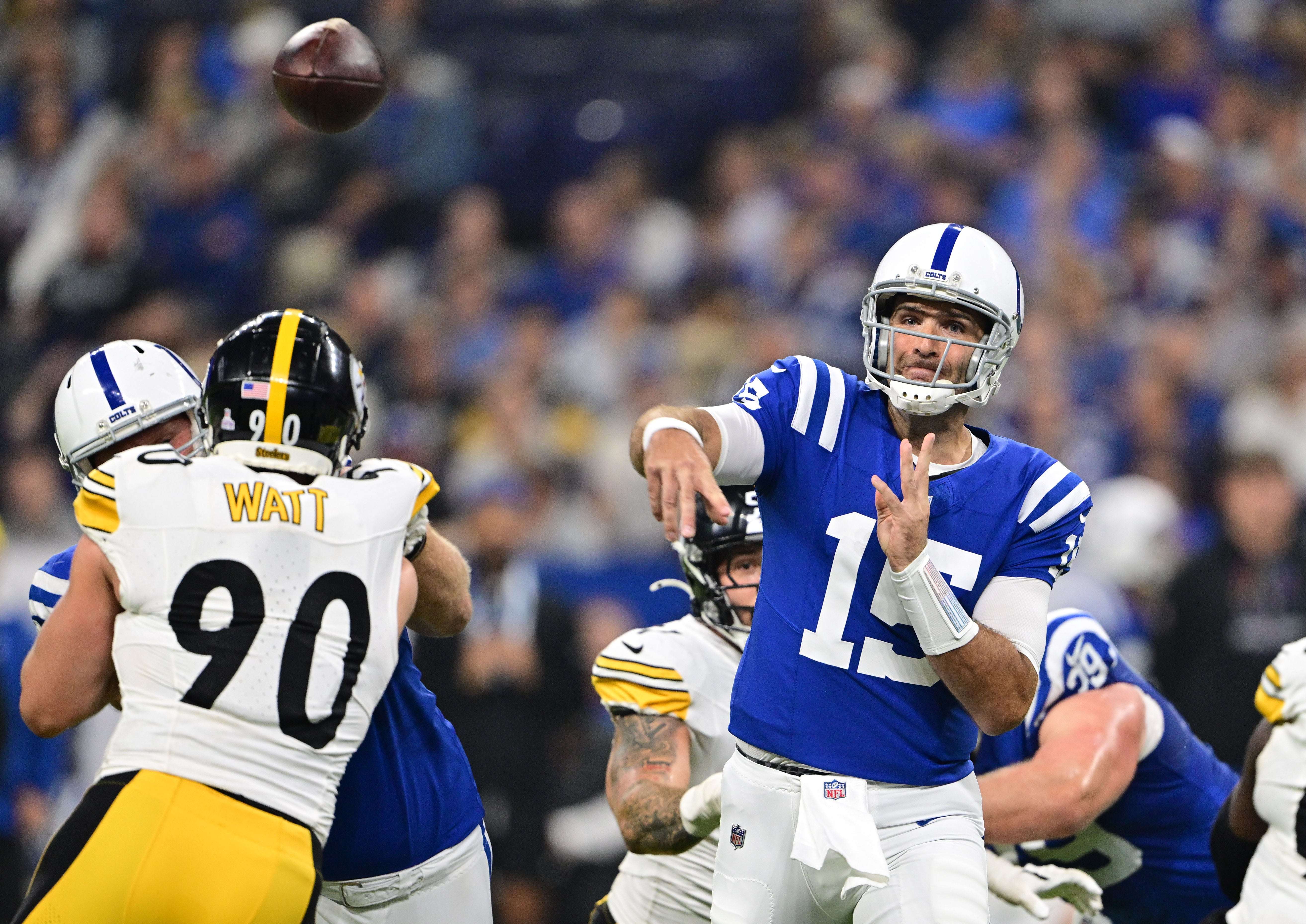 Sep 29, 2024; Indianapolis, Indiana, USA; Indianapolis Colts quarterback Joe Flacco (15) throws a pass during the second quarter against the Pittsburgh Steelers at Lucas Oil Stadium.