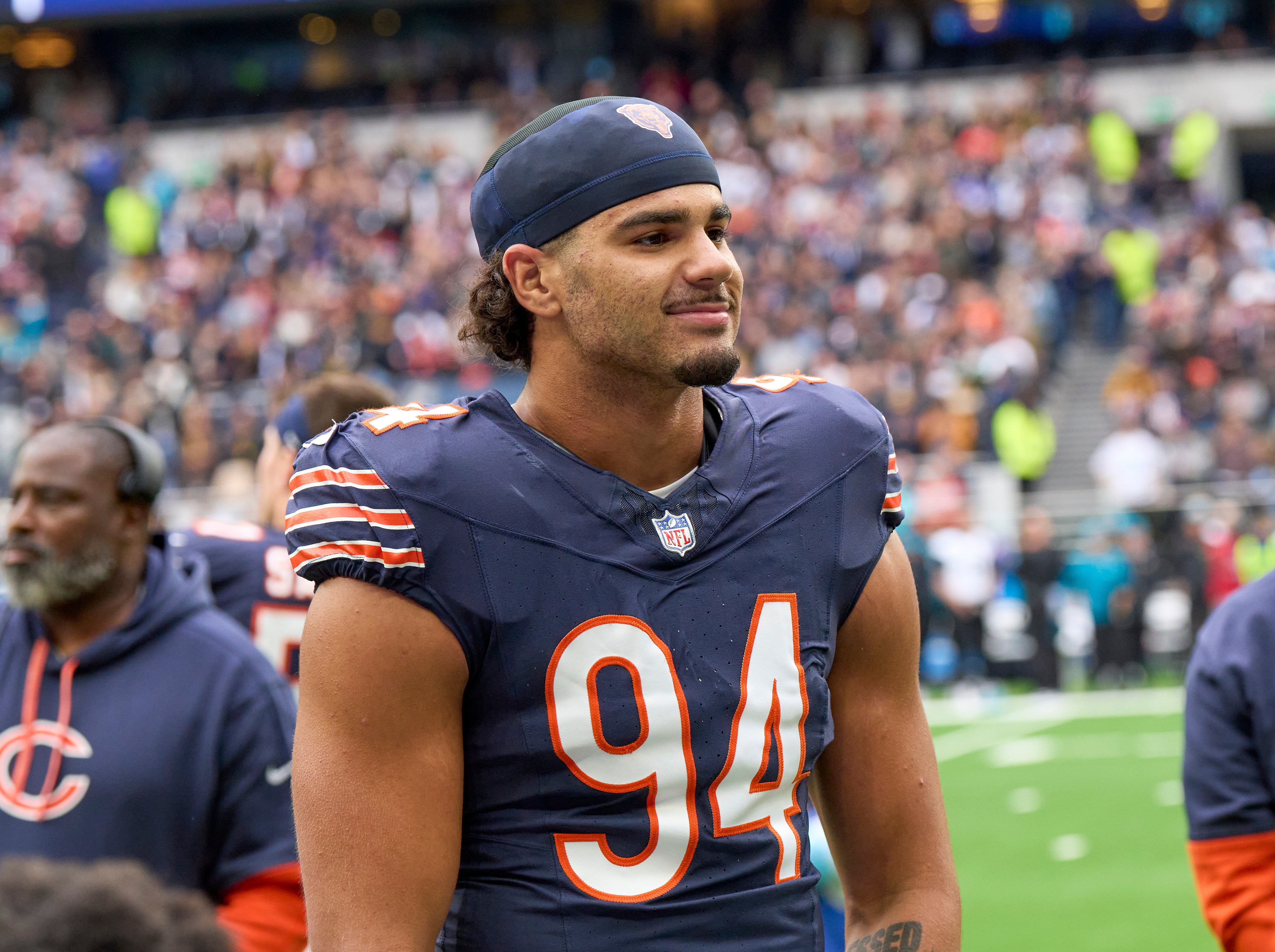 Oct 13, 2024; London, United Kingdom; Chicago Bears defensive end Austin Booker (94) leaves the field after an NFL International Series game at Tottenham Hotspur Stadium.