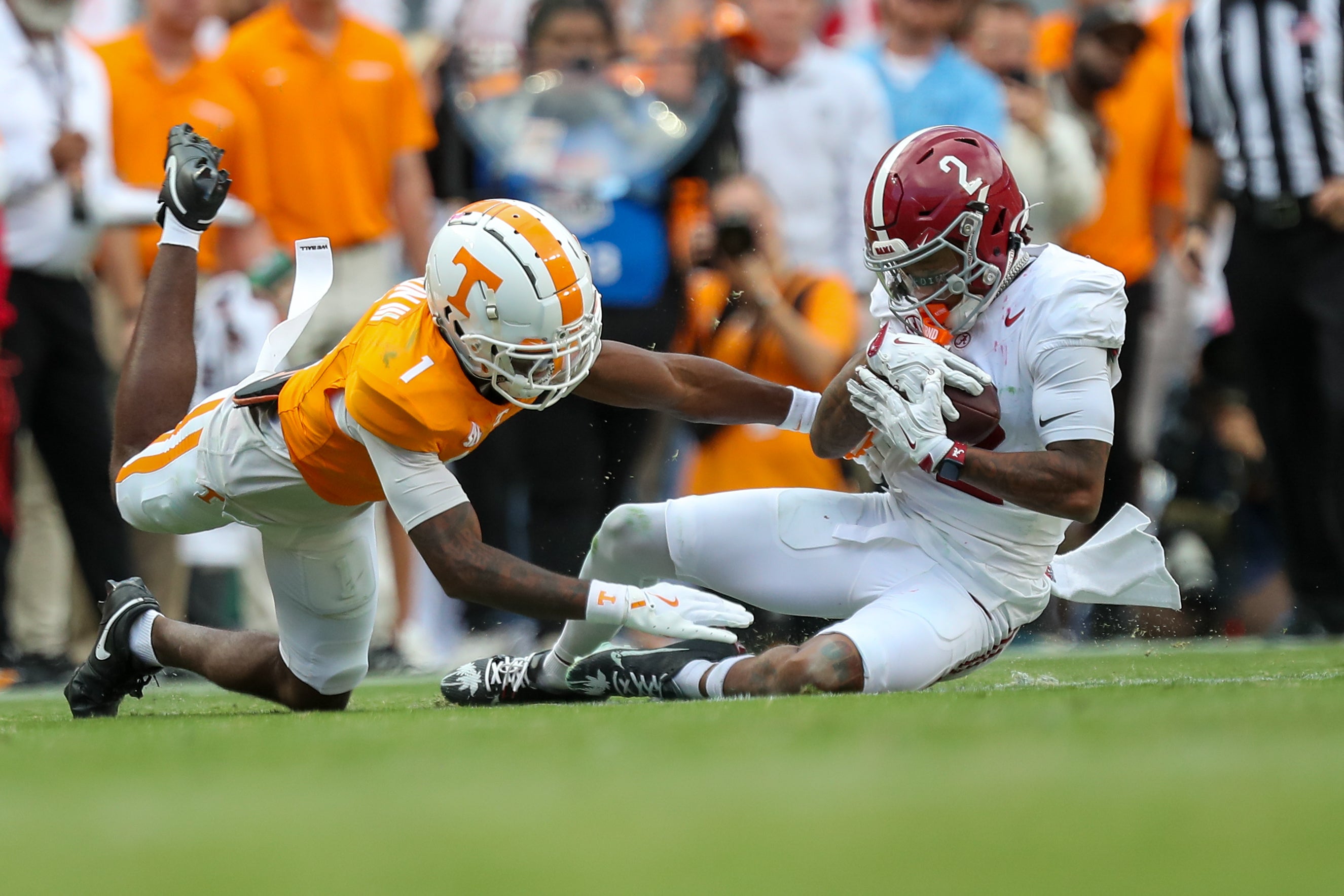 Oct 19, 2024; Knoxville, Tennessee, USA; Alabama Crimson Tide wide receiver Ryan Williams (2) catches a pass against the Tennessee Volunteers during the second quarter at Neyland Stadium.