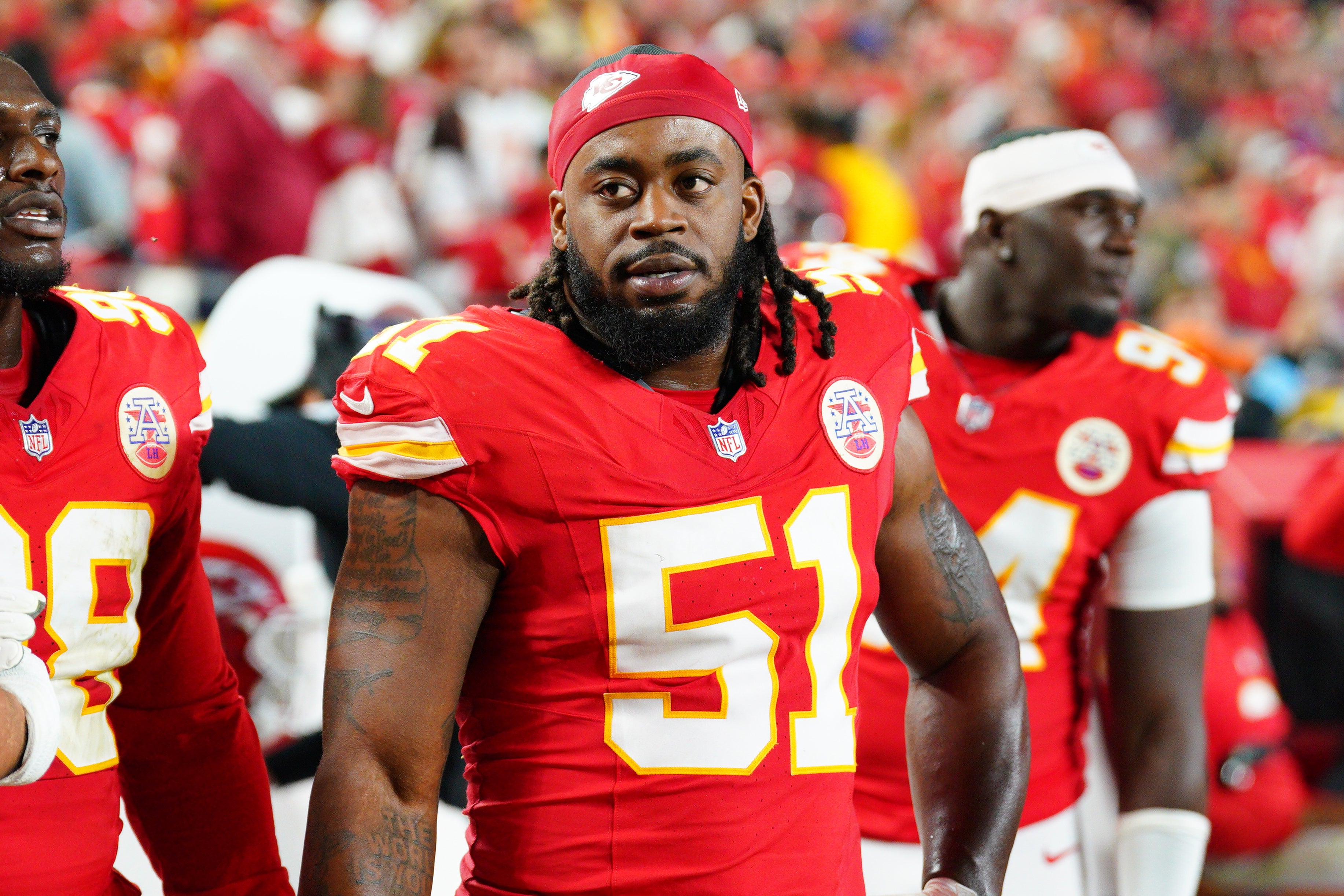 Kansas City Chiefs defensive end Mike Danna (51) on the sidelines