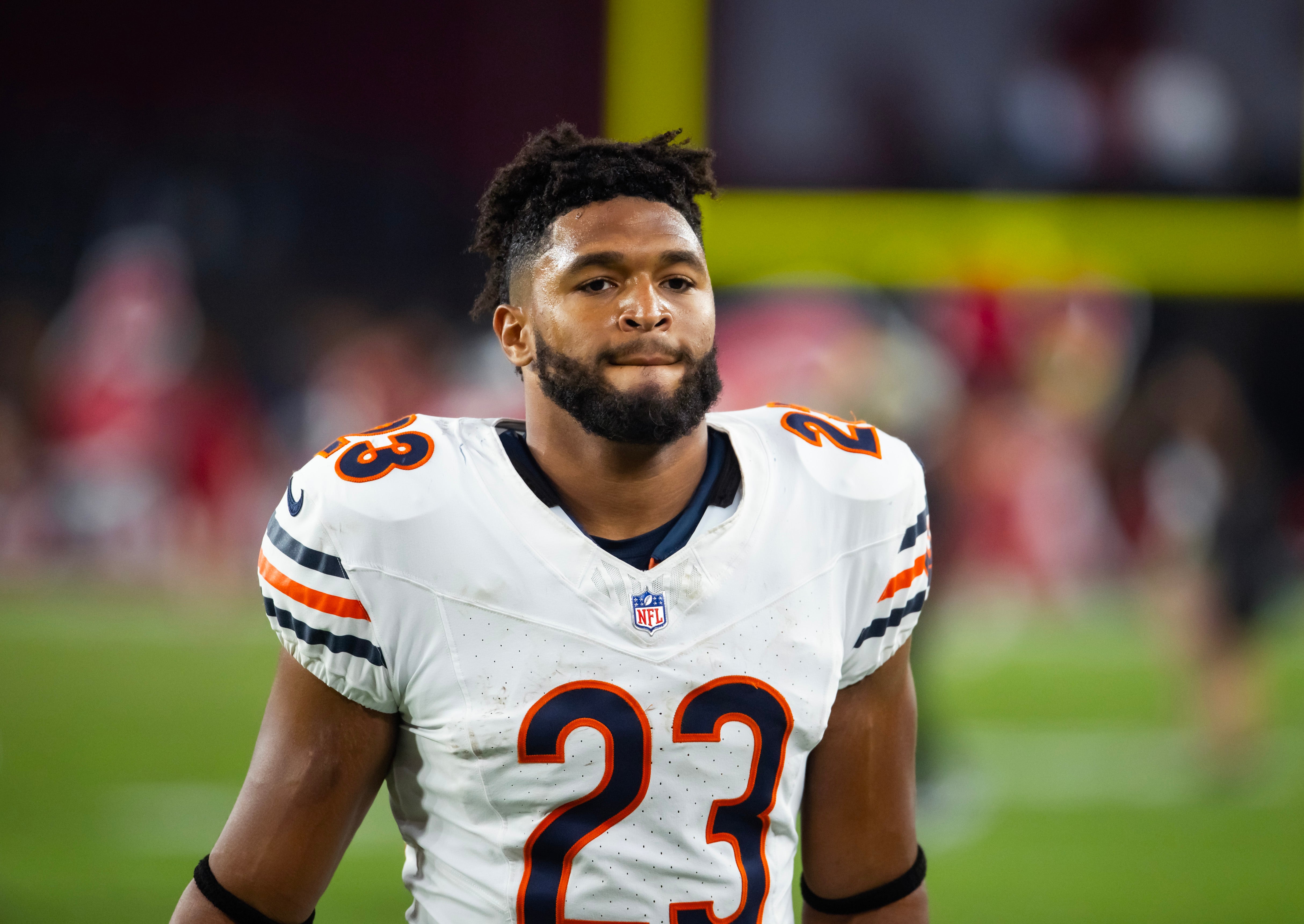 Nov 3, 2024; Glendale, Arizona, USA; Chicago Bears running back Roschon Johnson (23) against the Arizona Cardinals at State Farm Stadium.