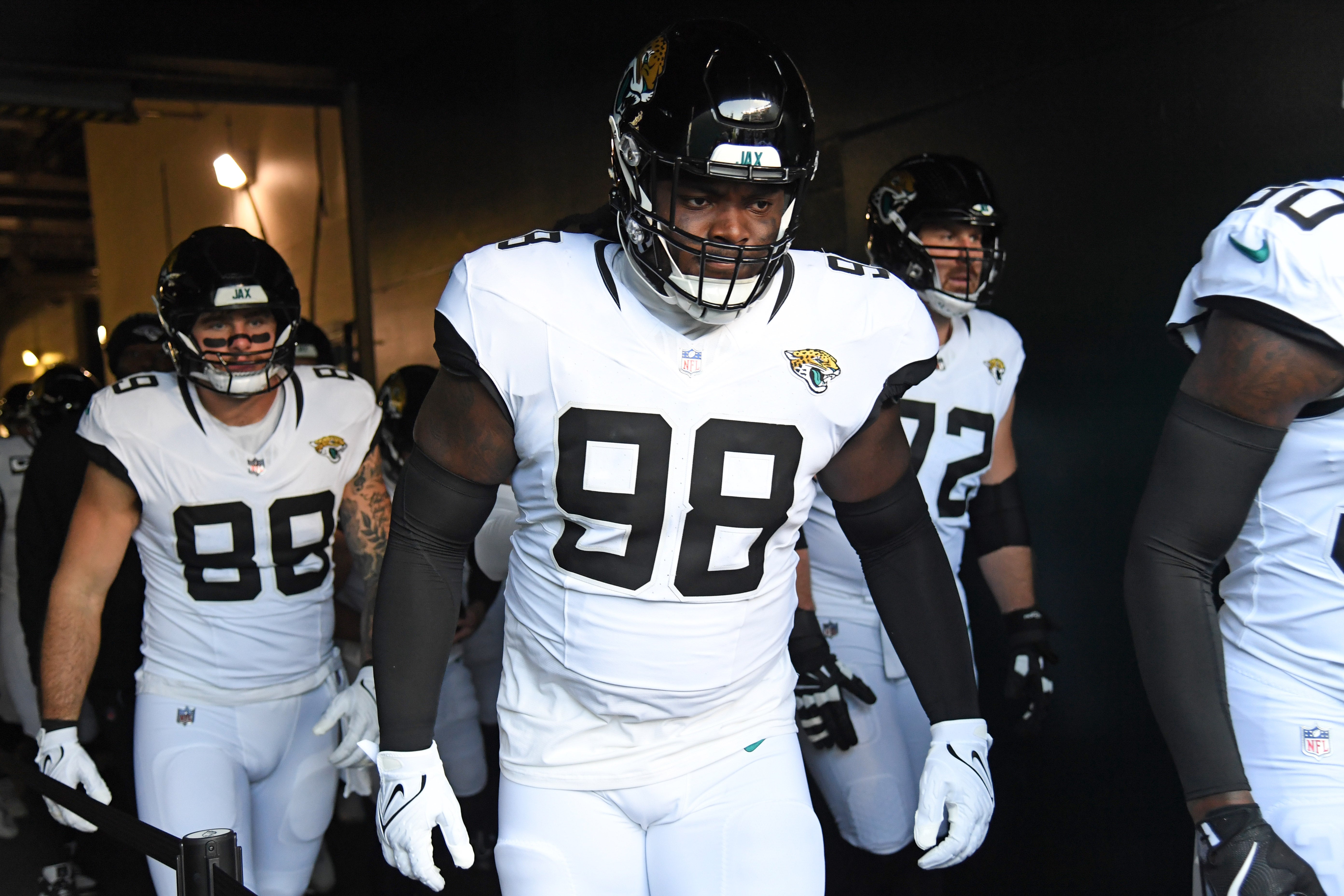 Nov 3, 2024; Philadelphia, Pennsylvania, USA; Jacksonville Jaguars defensive tackle Jordan Jefferson (98) in the tunnel against the Philadelphia Eagles at Lincoln Financial Field.