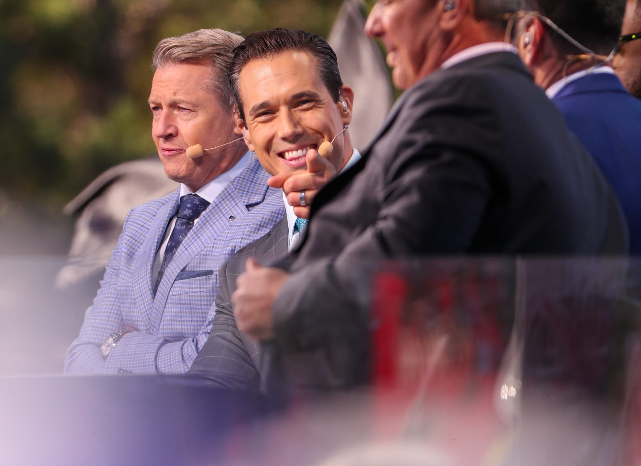 Brady Quinn gestures during FOX's Big Noon Kickoff football pregame show at Texas Tech University, Saturday, November 9, 2024 at Jones AT&T Stadium.