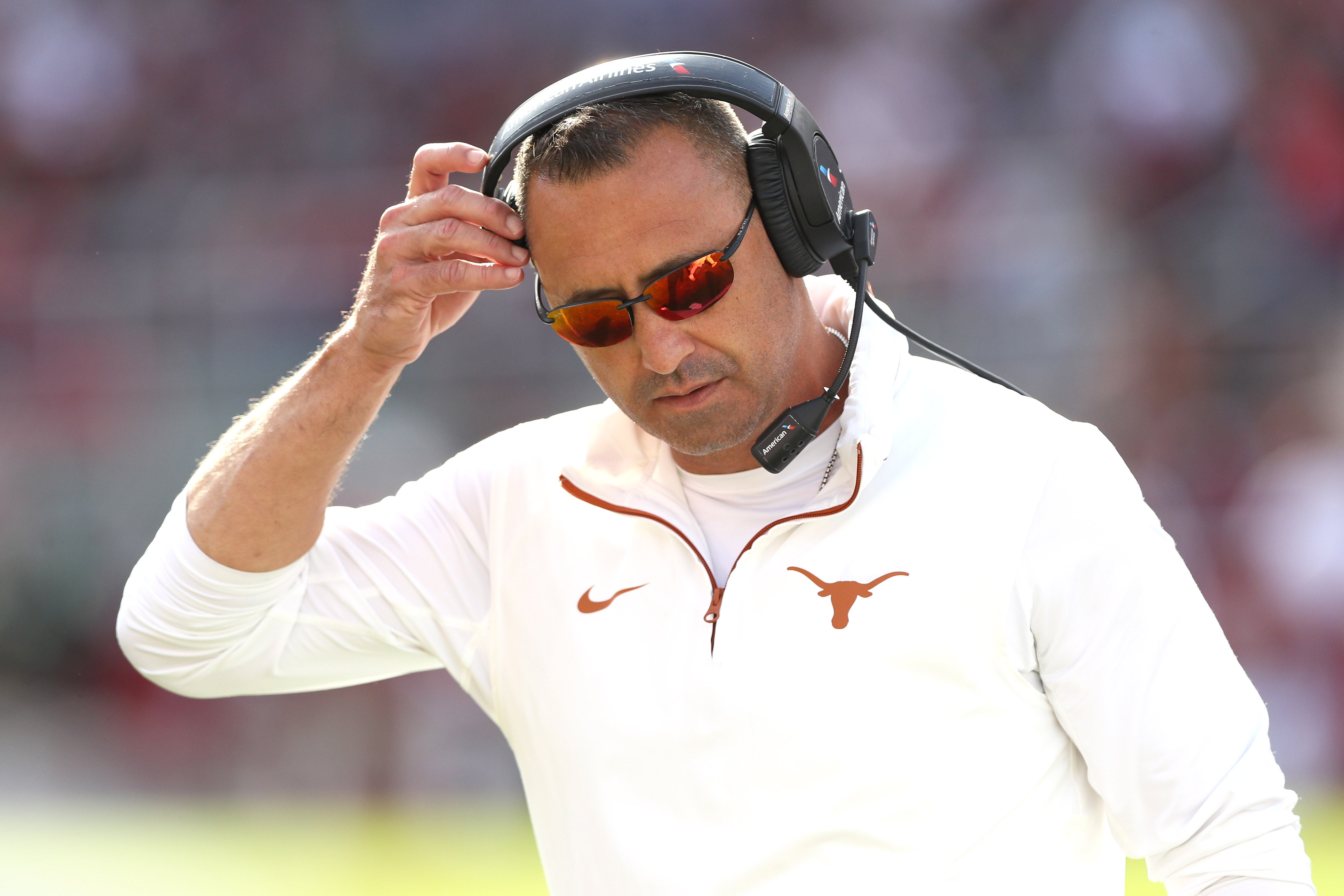 Nov 16, 2024; Fayetteville, Arkansas, USA; Texas Longhorns head coach Steve Sarkisian during the fourth quarter against the Arkansas Razorbacks at Donald W. Reynolds Razorback Stadium. Texas won 20-10. Mandatory Credit: Nelson Chenault-Imagn Images