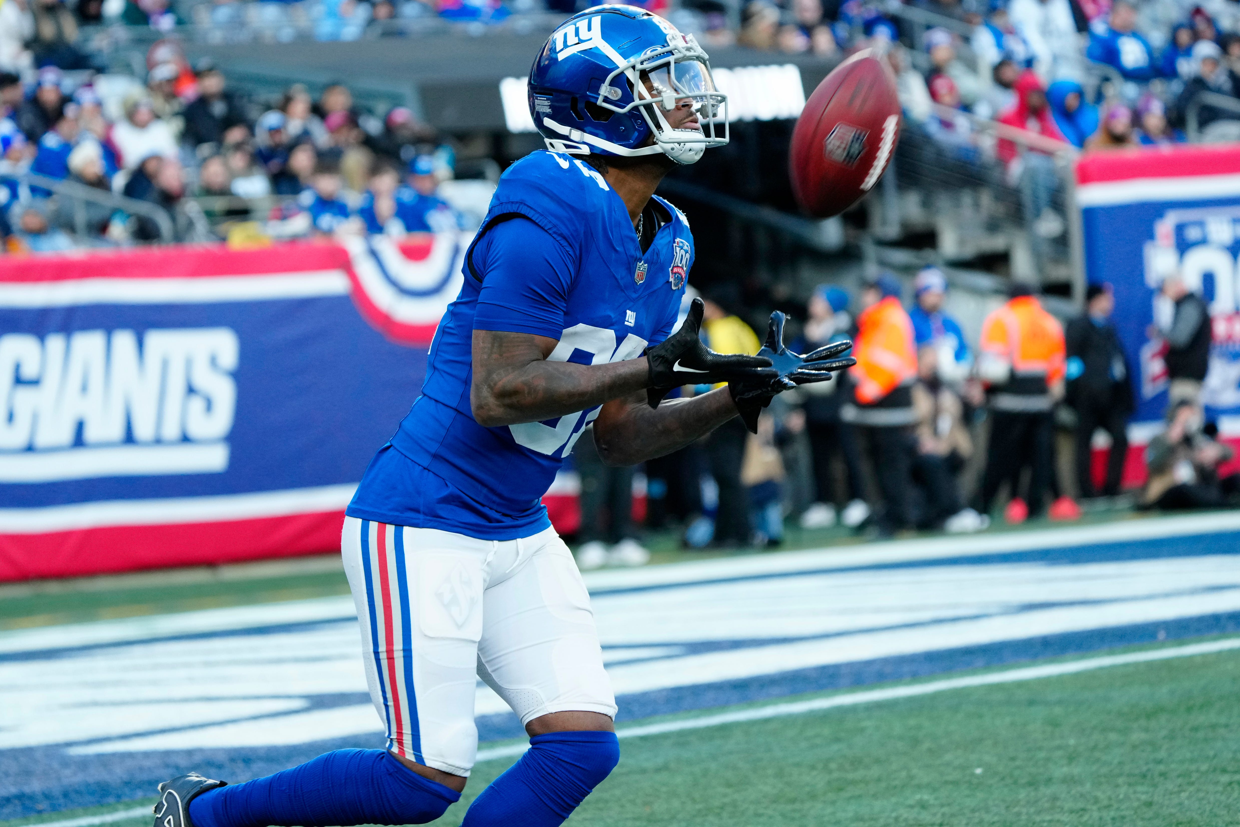 New York Giants wide receiver Ihmir Smith-Marsette (87) gets ready to catch a punt, Sunday, December 8, 2024.