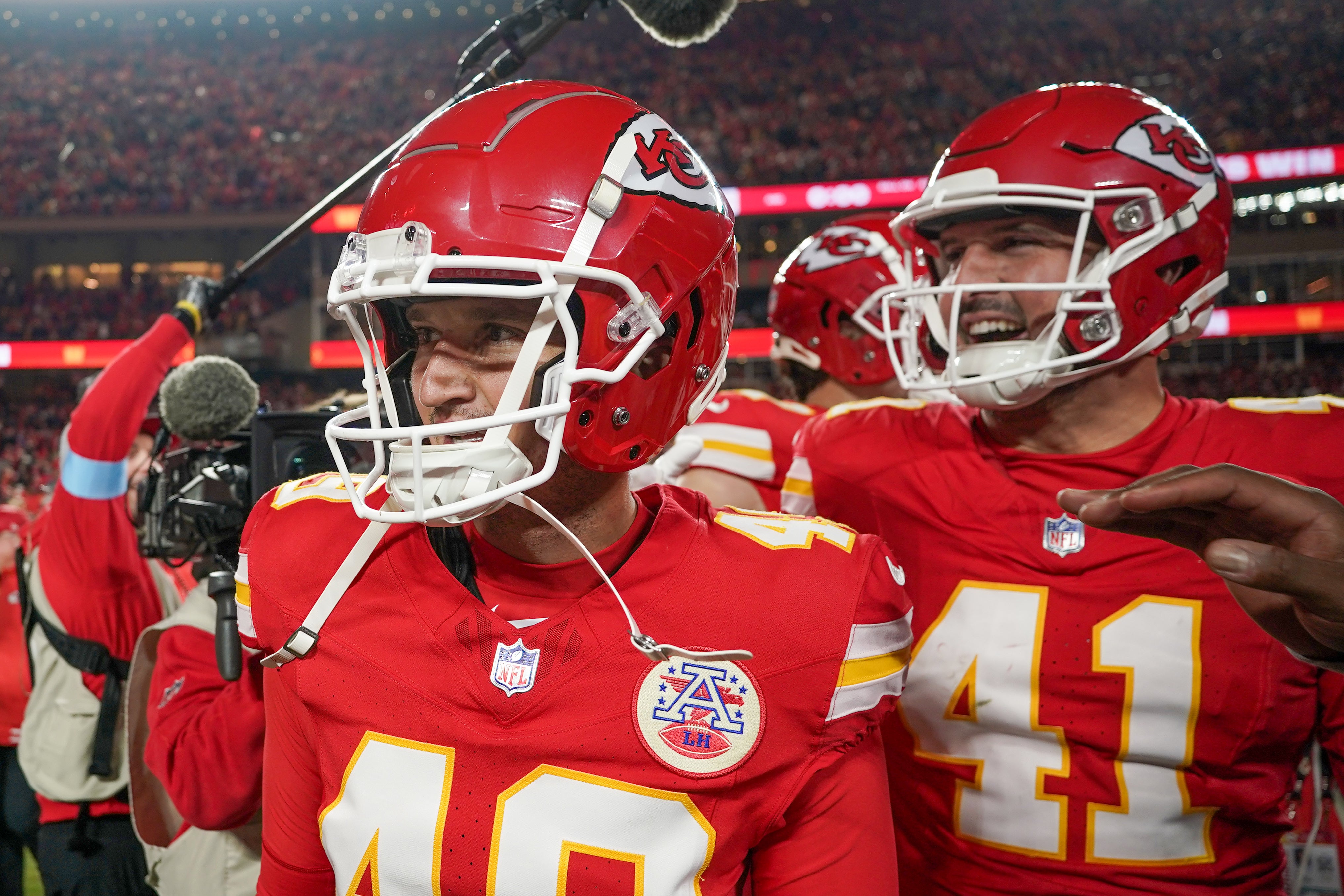 Kansas City Chiefs place kicker Matthew Wright (49) celebrates with long snapper James Winchester (41)
