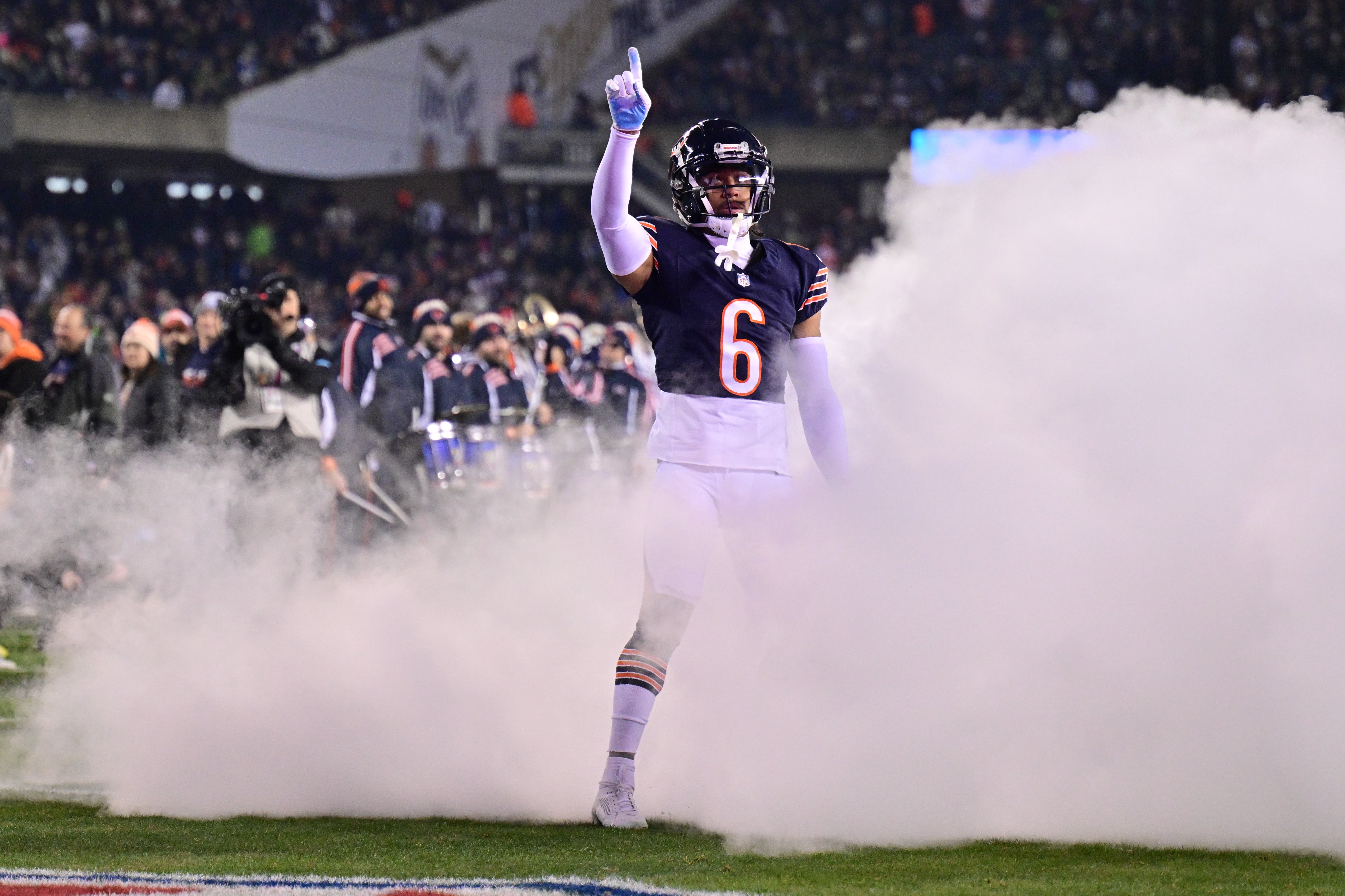 Dec 26, 2024; Chicago, Illinois, USA; Chicago Bears cornerback Kyler Gordon (6) enters the field before the game against the Seattle Seahawks at Soldier Field.