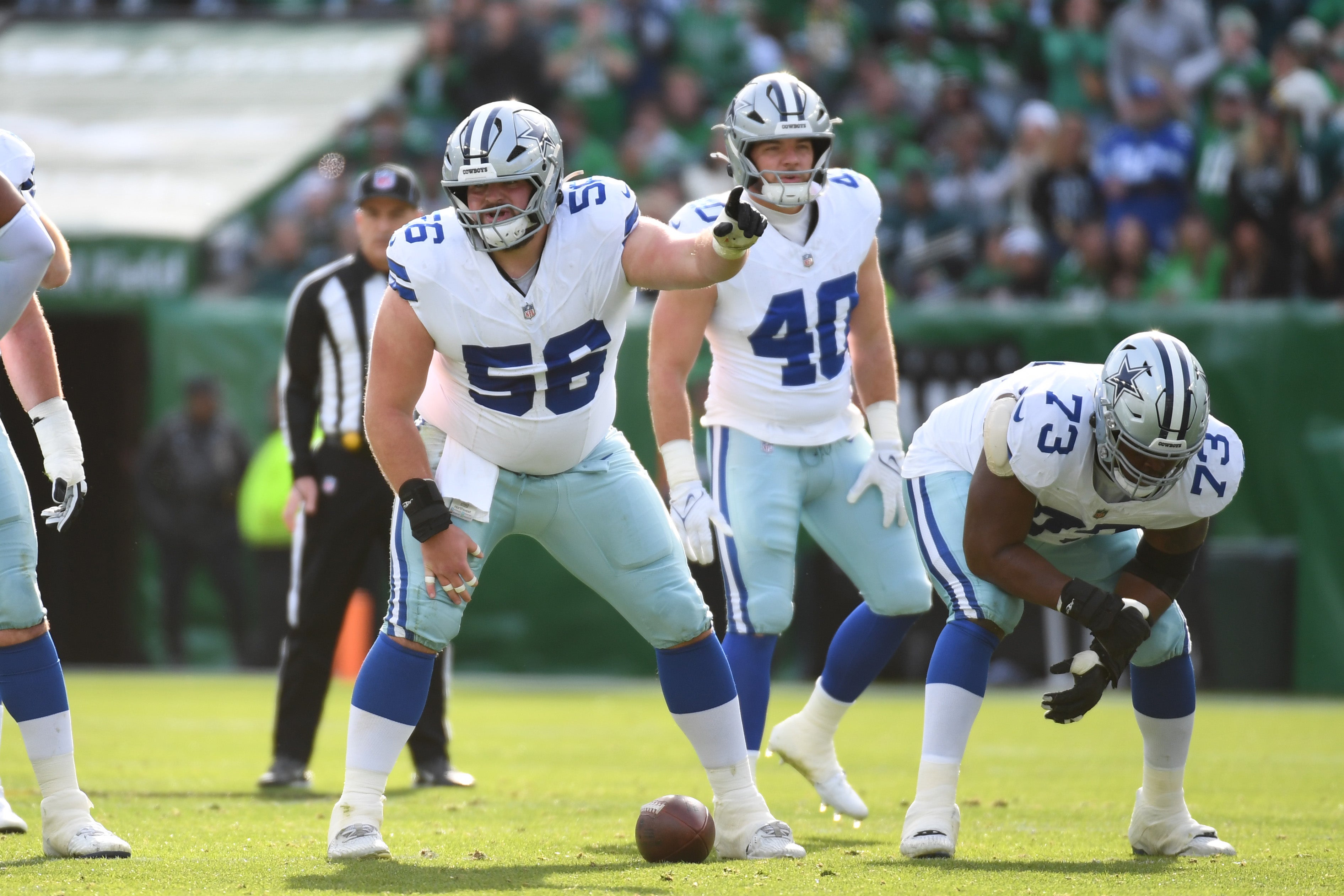 Dec 29, 2024; Philadelphia, Pennsylvania, USA; Dallas Cowboys guard Cooper Beebe (56) against the Philadelphia Eagles at Lincoln Financial Field.
