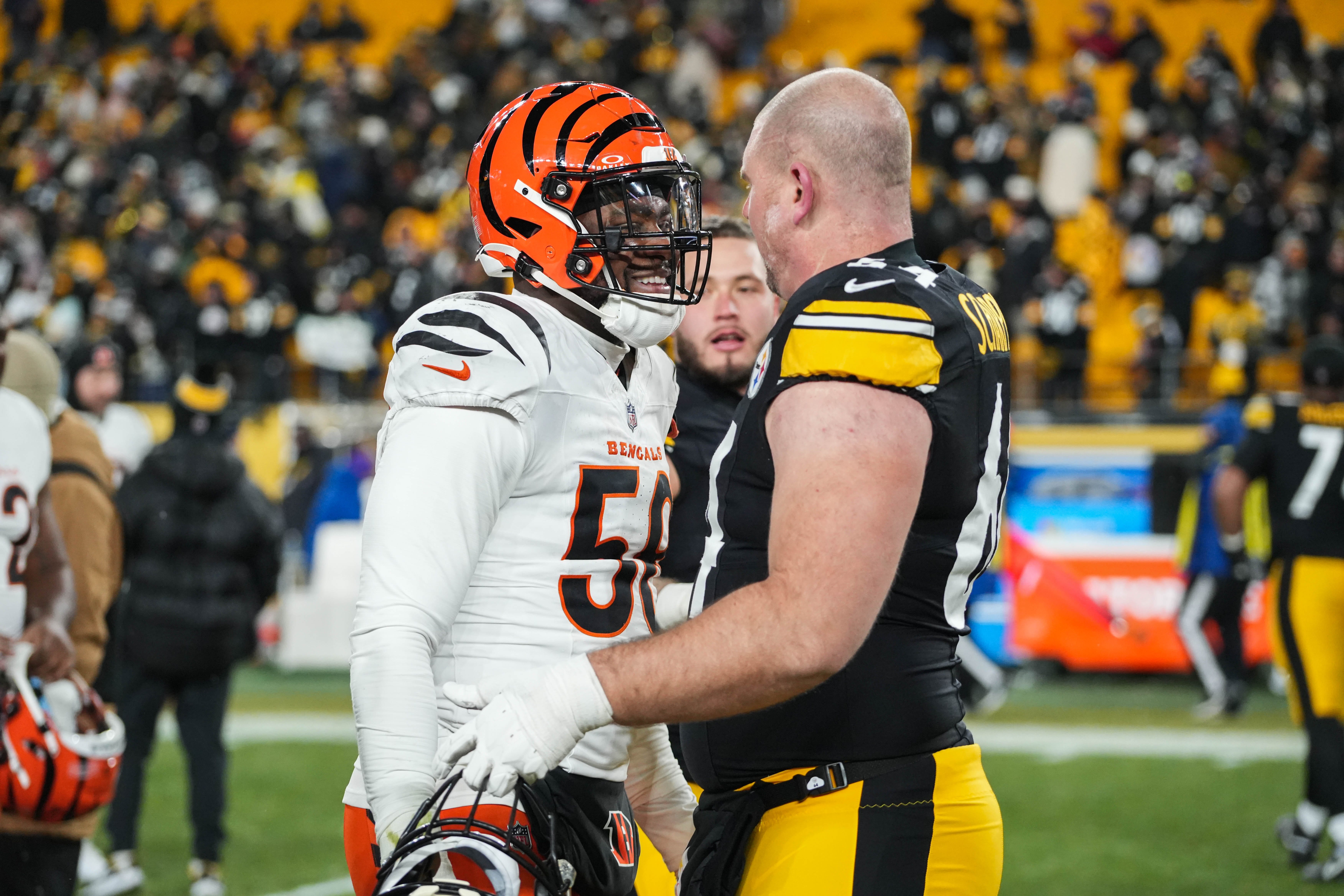 Bengals and Steelers gather on the field after their game at Acrisure Stadium on Saturday January 4, 2025. The Bengals won the game with a final score of 19-17.