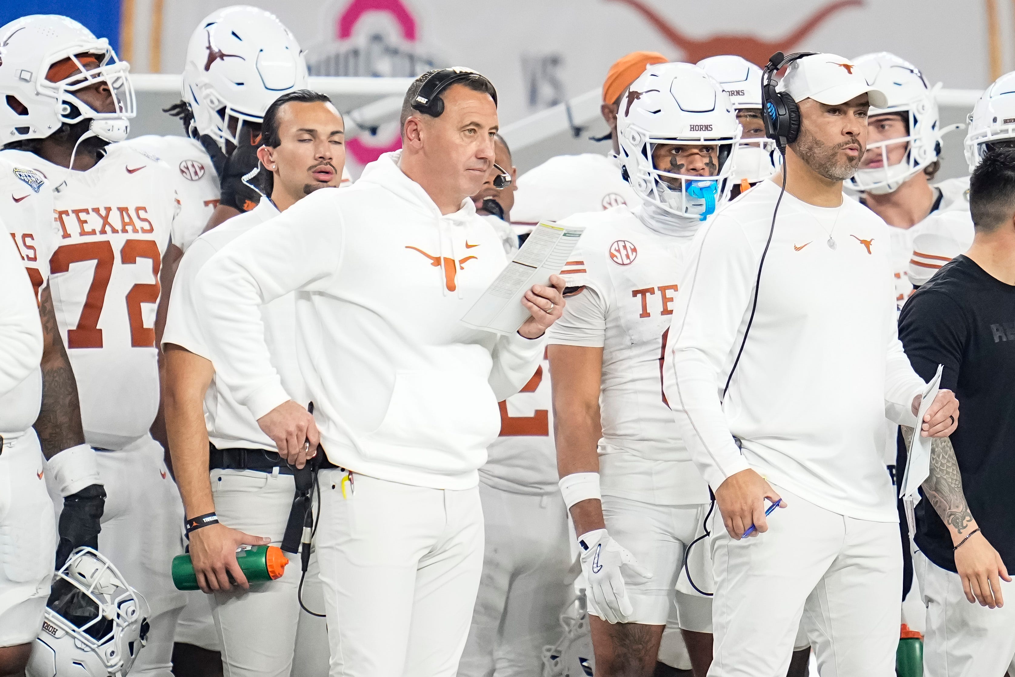 Texas Longhorns head coach Steve Sarkisian watches from the sideline during the first half of the Cotton Bowl Classic College Football Playoff semifinal game against the Ohio State Buckeyes at AT&T Stadium in Arlington, Texas on Jan. 10, 2025.