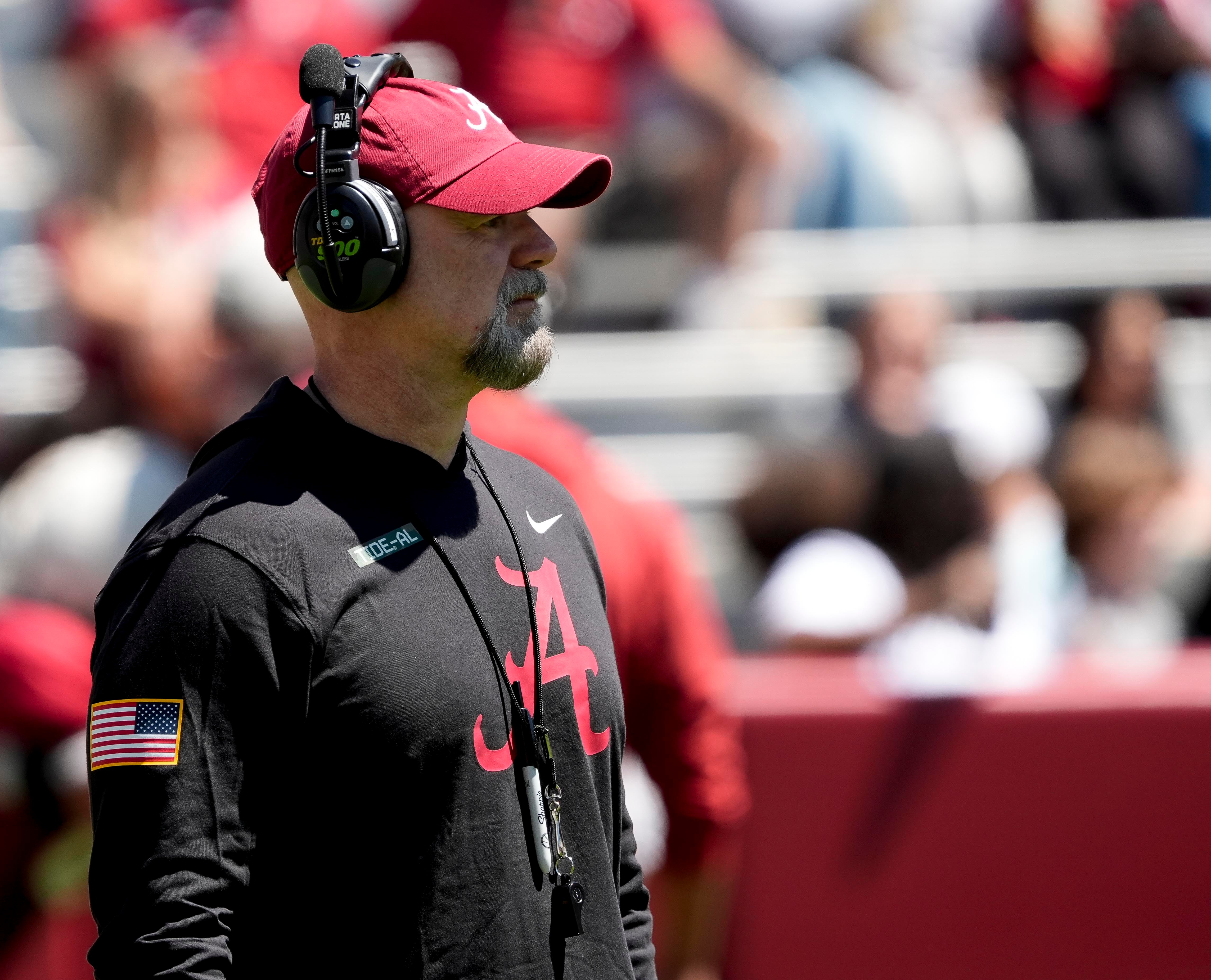 Apr 12, 2025; Tuscaloosa, AL, USA; Alabama offensive coordinator Ryan Grubb watches his offense work during A-Day at Bryant-Denny Stadium.