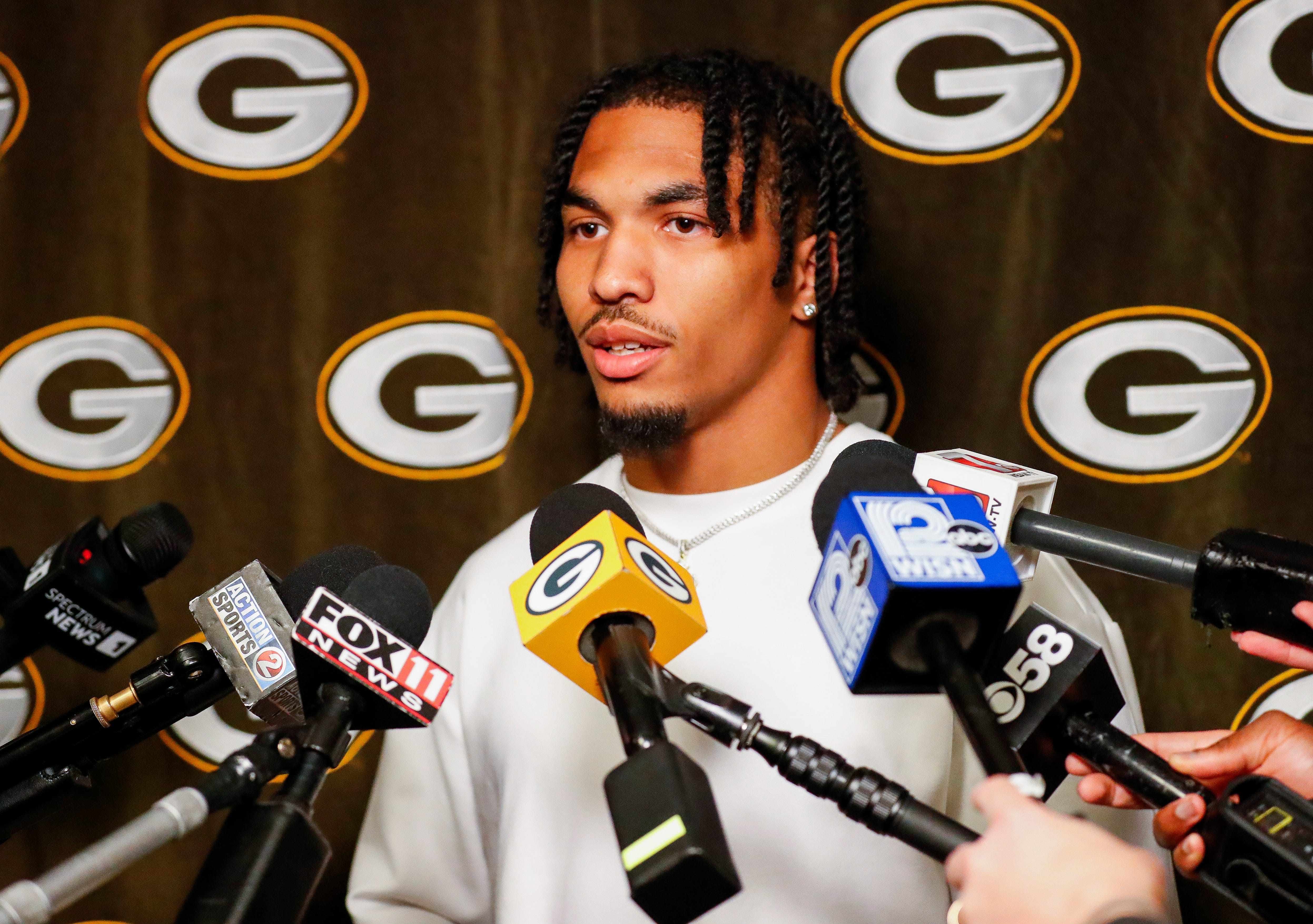 Green Bay Packers rookie cornerback Micah Robinson is interviewed by the media during rookie minicamp on Friday, May 2, 2025, at Lambeau Field in Green Bay, Wisconsin. The Packers selected Robinson with the second of their two seventh round picks in the 2025 NFL Draft.
