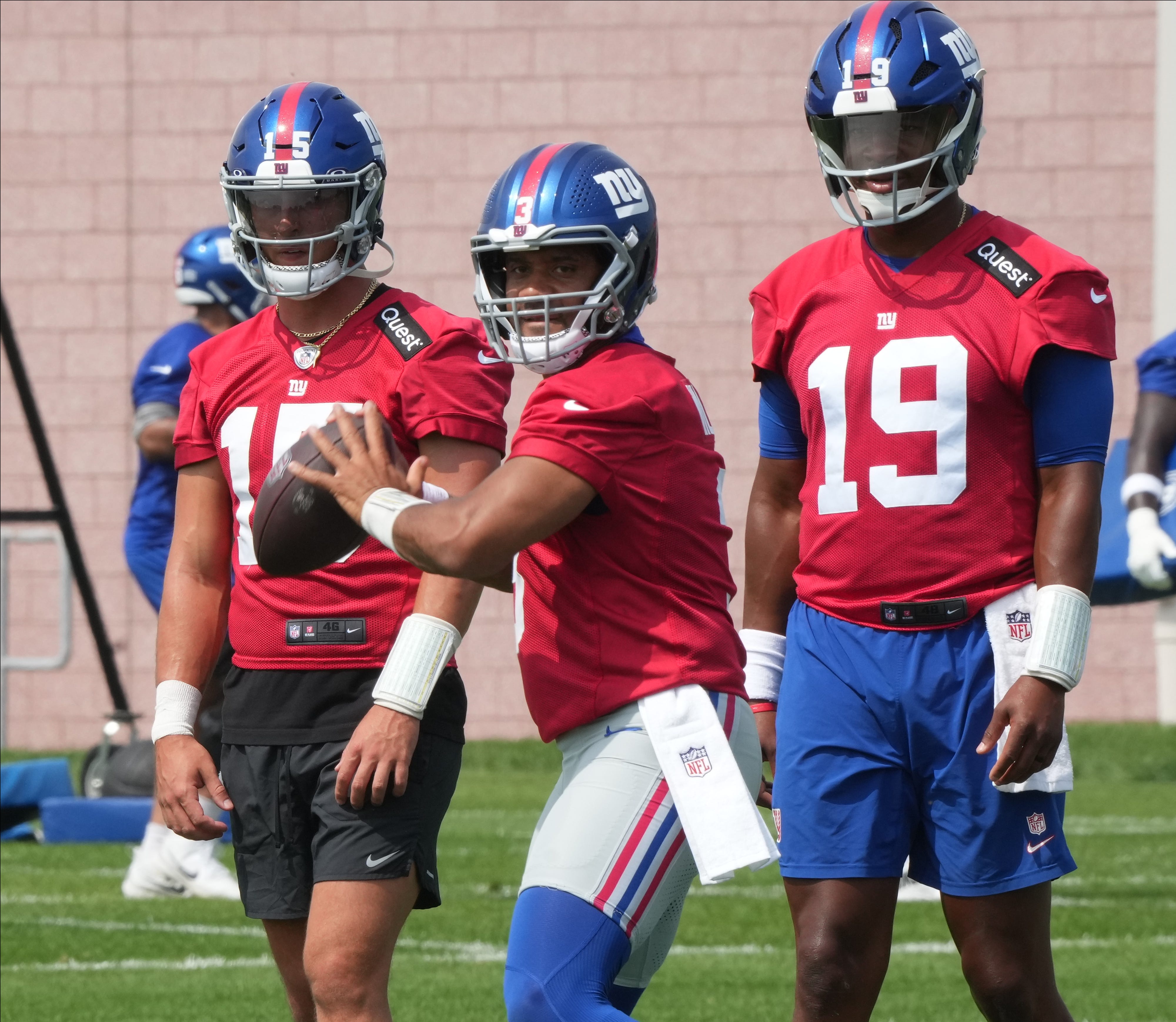 East Rutherford, NJ -- June 5, 2025 -- Quarterbacks, JTommy DeVito, Russell Wilson and Jameis Winston as the New York Giants players participate in their 2025 OTAÕs at the Quest Diagnostic Giants Training Center in East Rutherford.