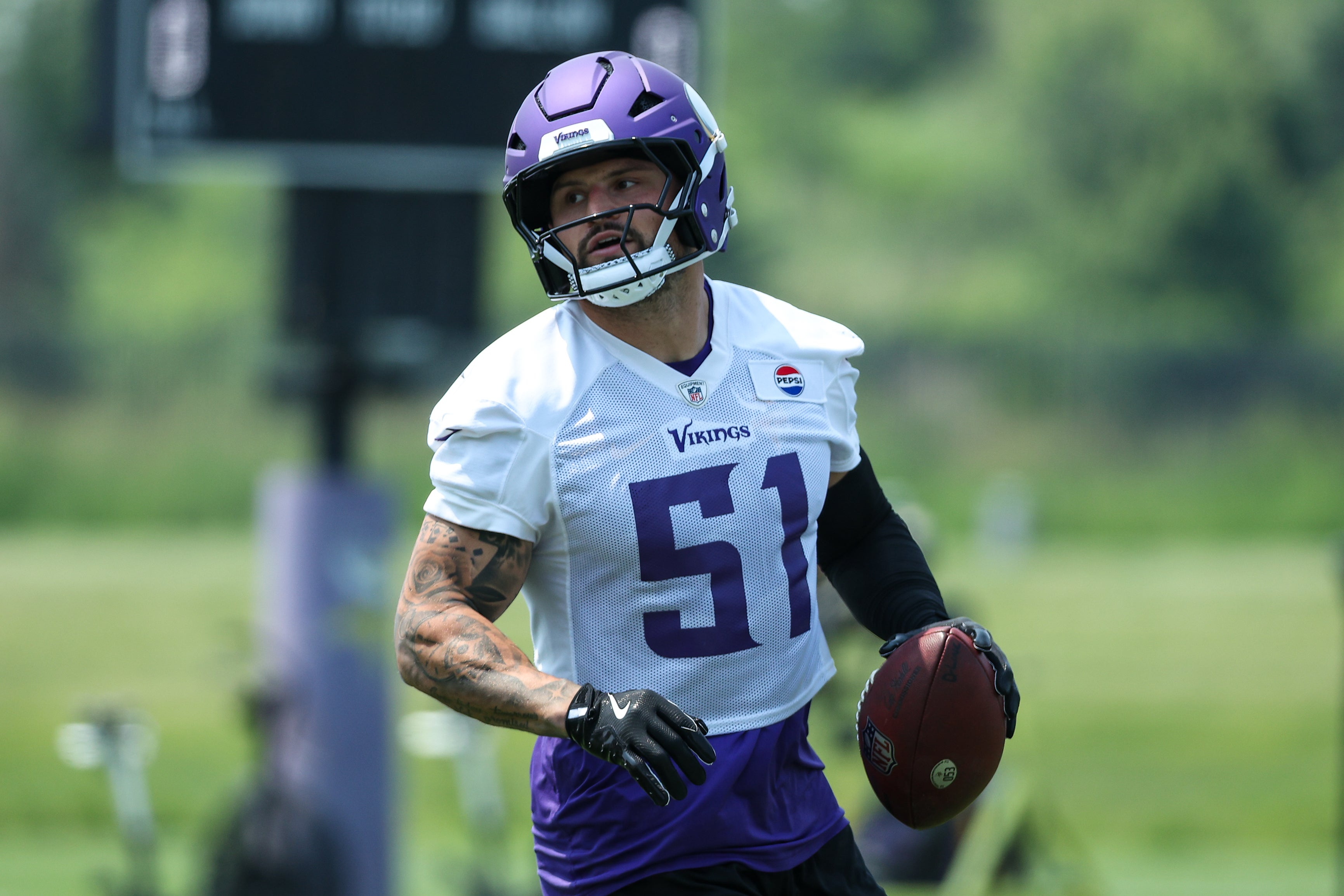 Jun 10, 2025; Minneapolis, MN, USA; Minnesota Vikings linebacker Blake Cashman (51) practices during minicamp at the Minnesota Vikings Training Facility.