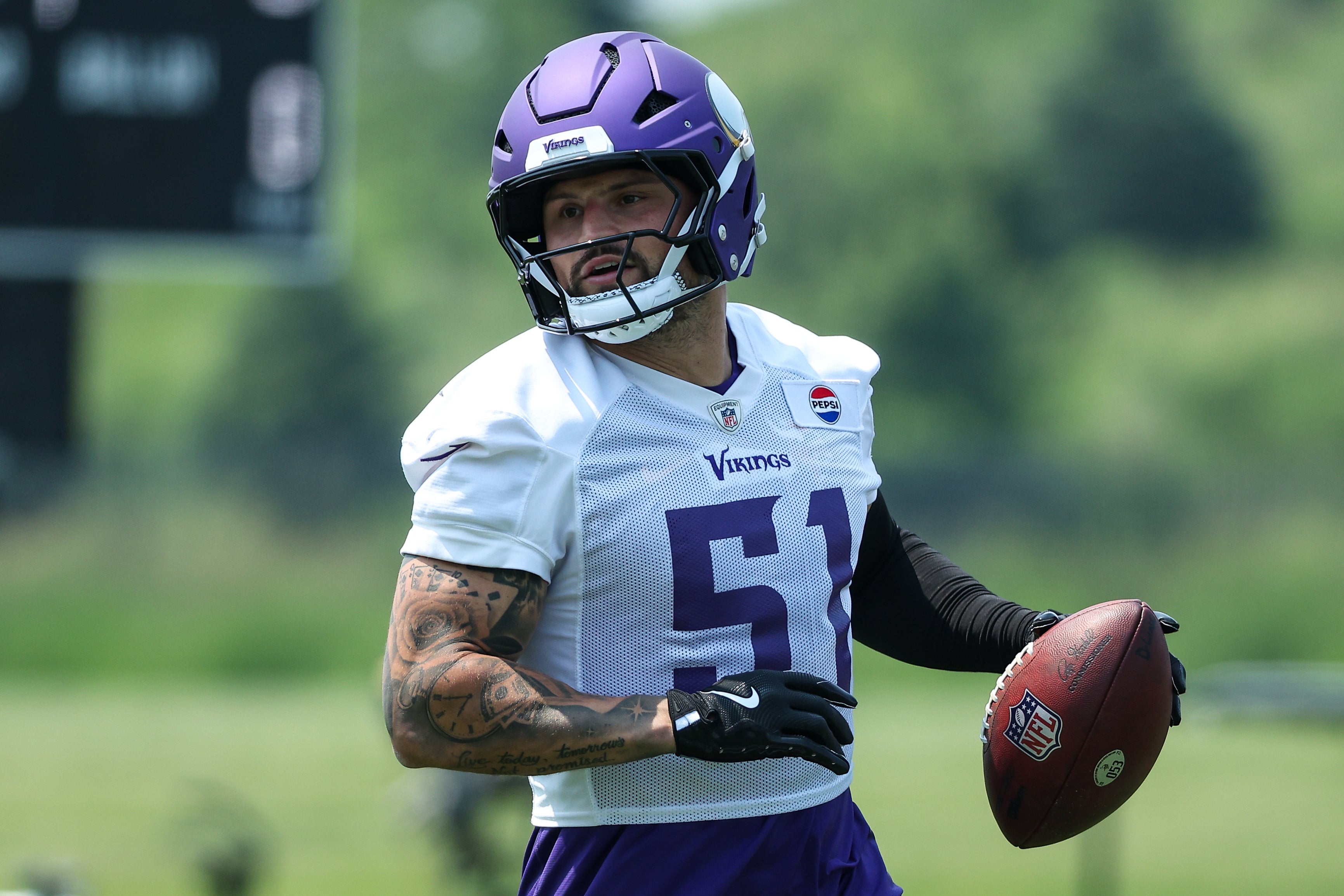 Jun 10, 2025; Minneapolis, MN, USA; Minnesota Vikings linebacker Blake Cashman (51) practices during minicamp at the Minnesota Vikings Training Facility.