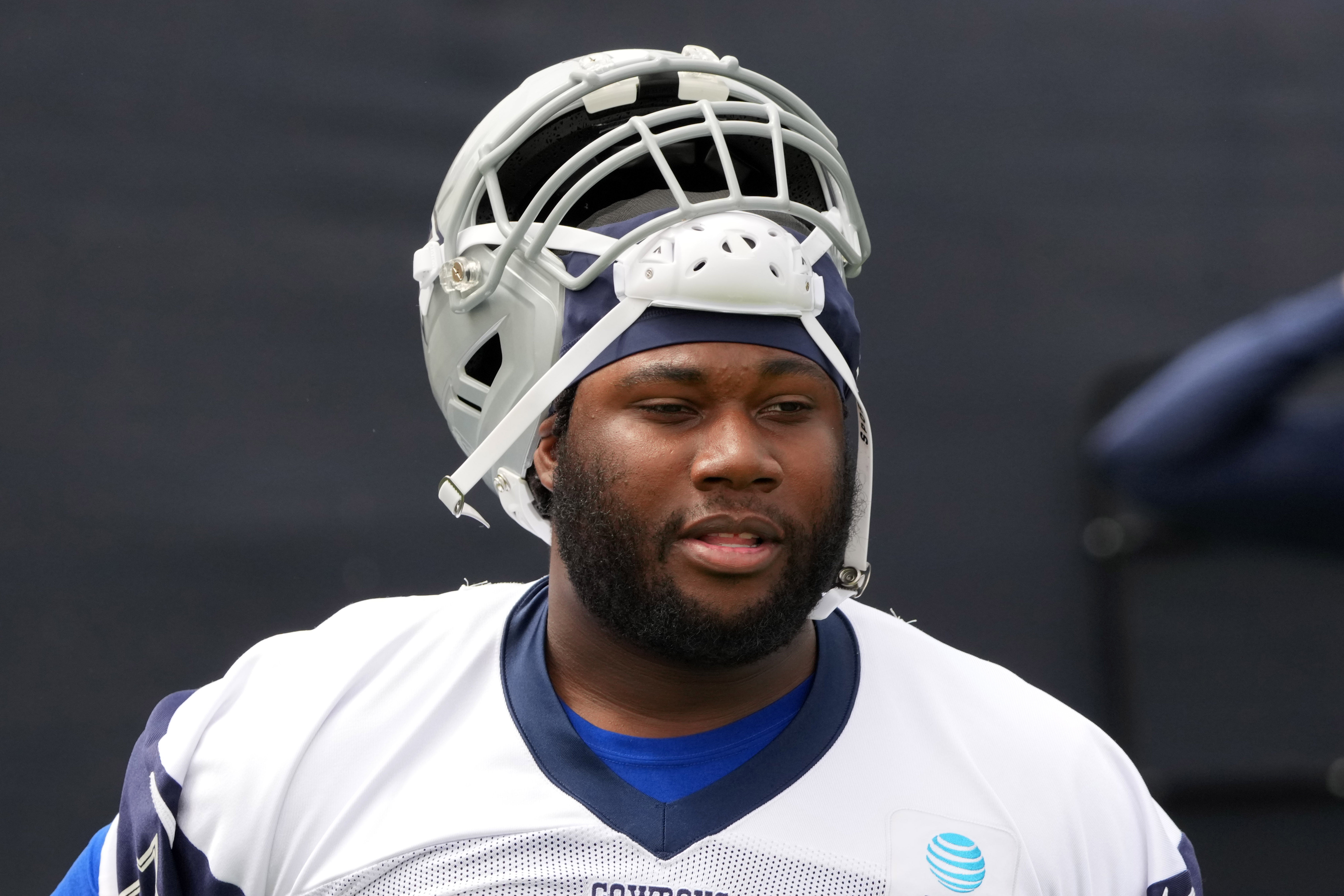 Jul 22, 2025; Oxnard, CA, USA; Dallas Cowboys tackle Nate Thomas (71) during training camp at the River Ridge Fields.