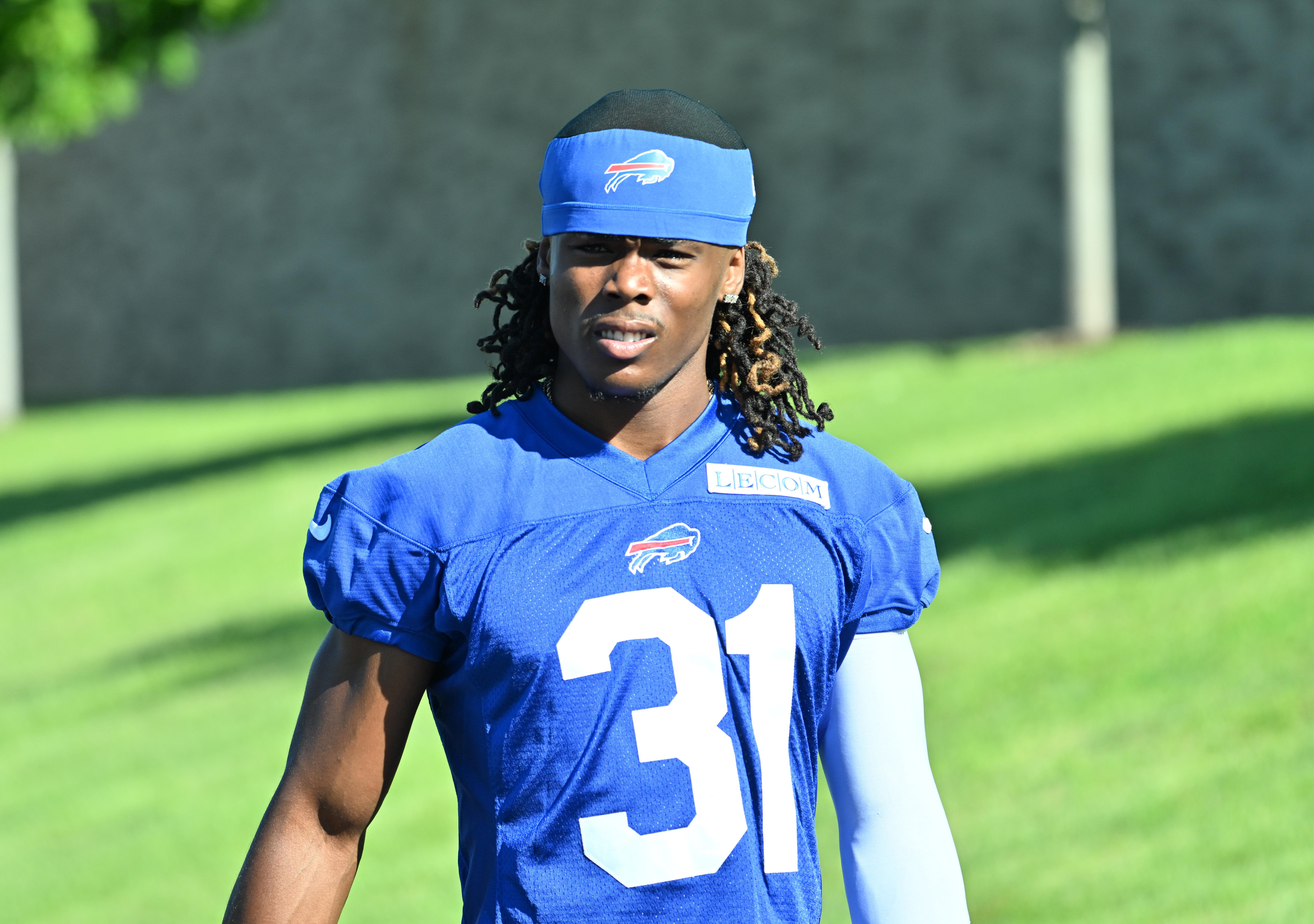 Jul 23, 2025; Rochester, NY, USA; Buffalo Bills cornerback Maxwell Hairston (31) enters the field during training camp at St. John Fischer.