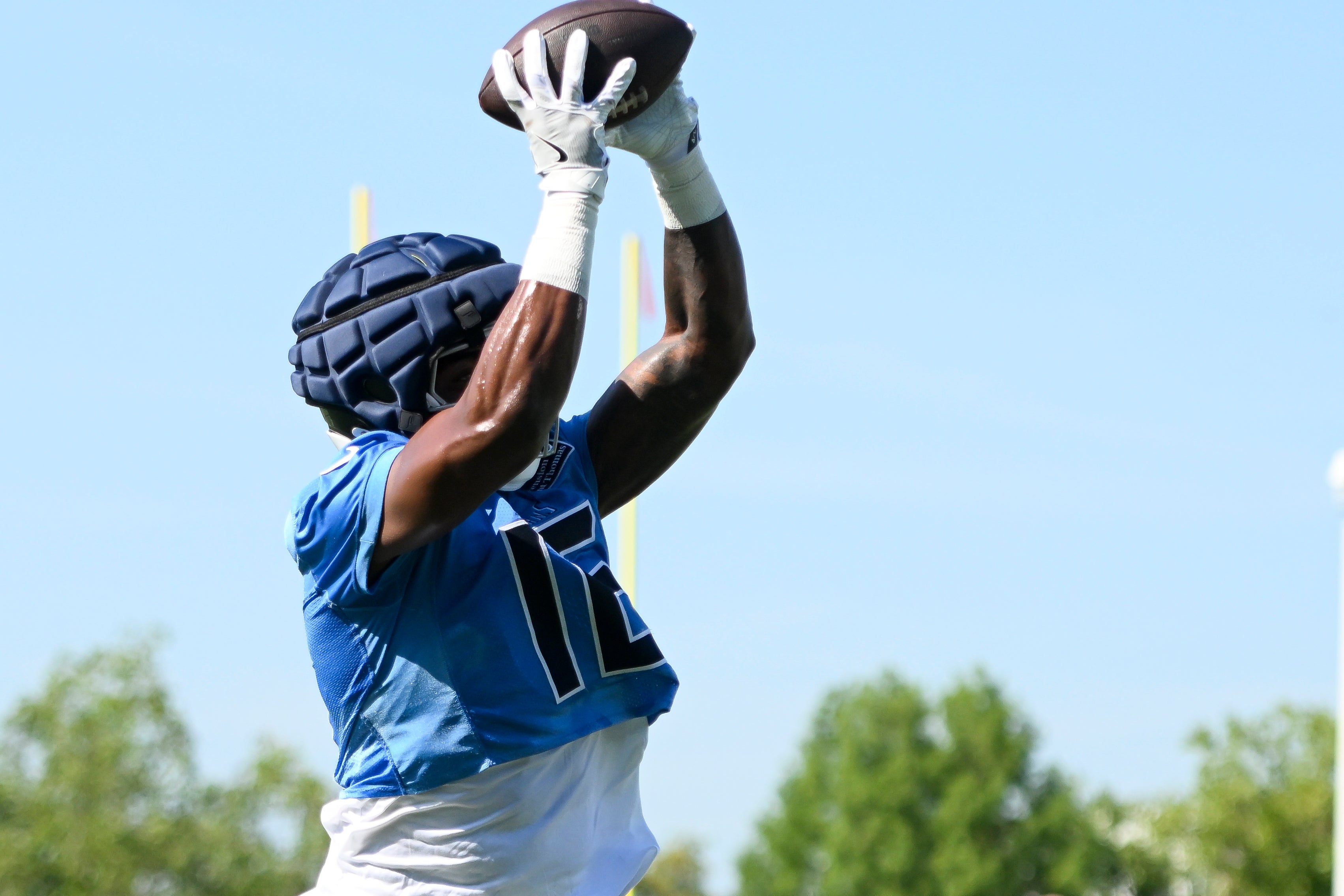 Jul 23, 2025; Nashville, TN, USA; Tennessee Titans wide receiver Treylon Burks (16) makes a catch during training camp at Ascension Saint Thomas Sports Park.