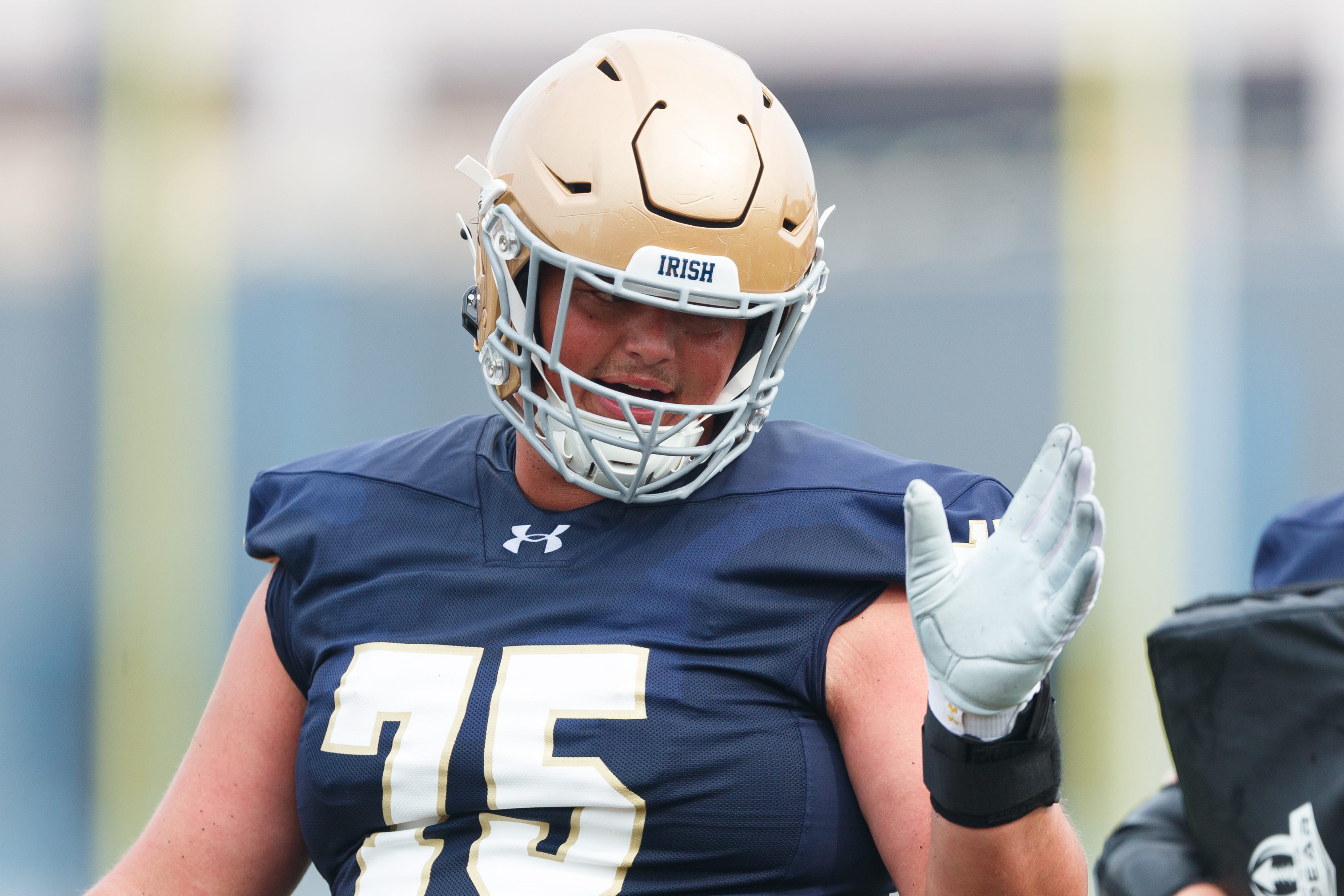 Notre Dame offensive lineman Sullivan Absher lines up for a drill during a football practice at Irish Athletic Center on Thursday, July 31, 2025, in South Bend.