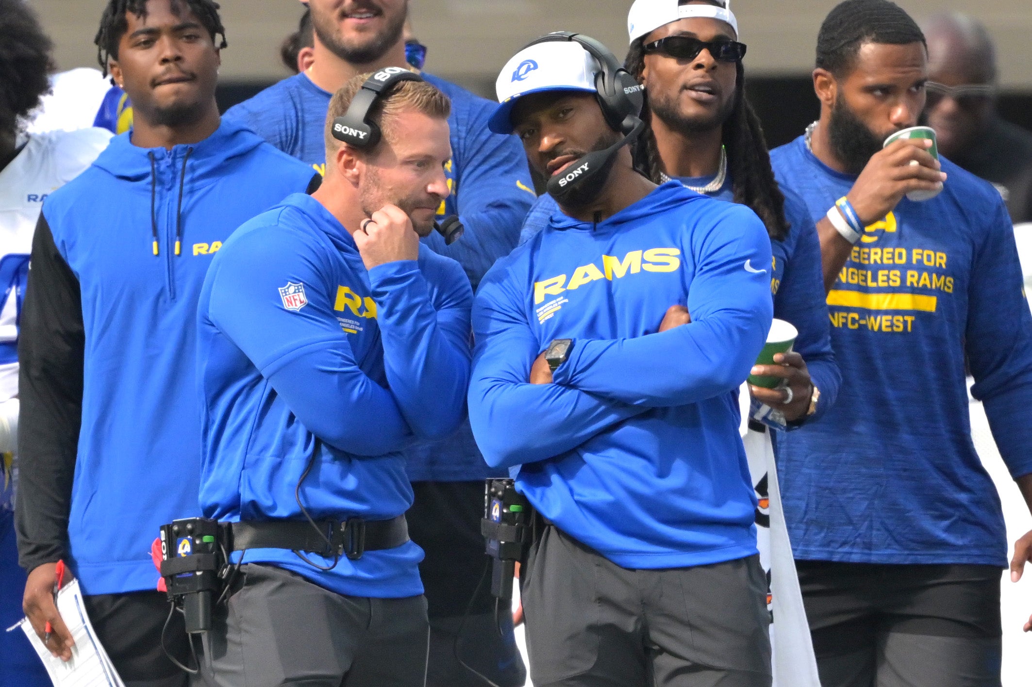 Aug 9, 2025; Inglewood, California, USA; Los Angeles Rams head coach Sean McVay, left, talks with assistant head coach Aubrey Pleasant on the sidelines during the game against the Dallas Cowboys at SoFi Stadium.