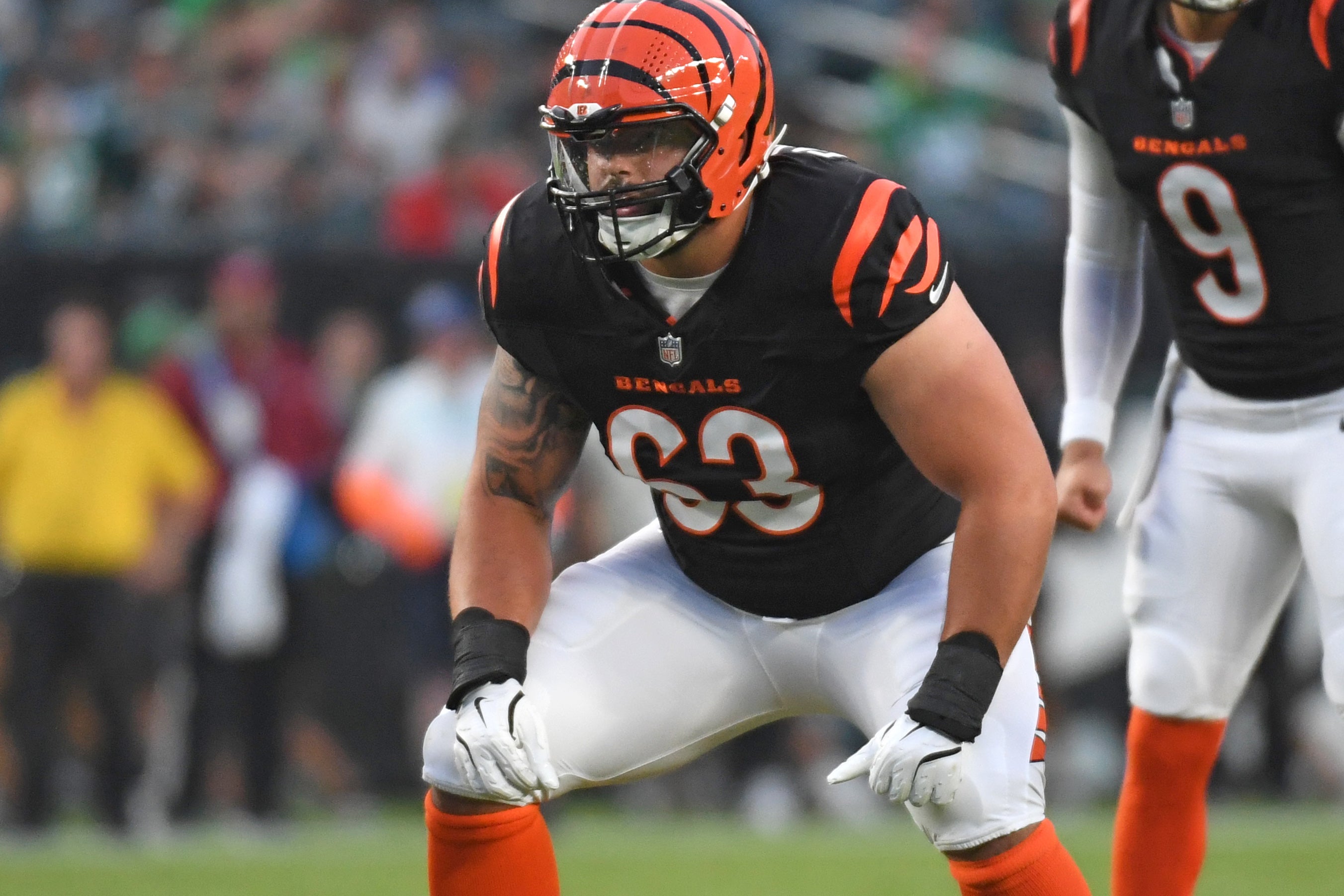 Aug 7, 2025; Philadelphia, Pennsylvania, USA; Cincinnati Bengals guard Dylan Fairchild (63) against the Philadelphia Eagles at Lincoln Financial Field.