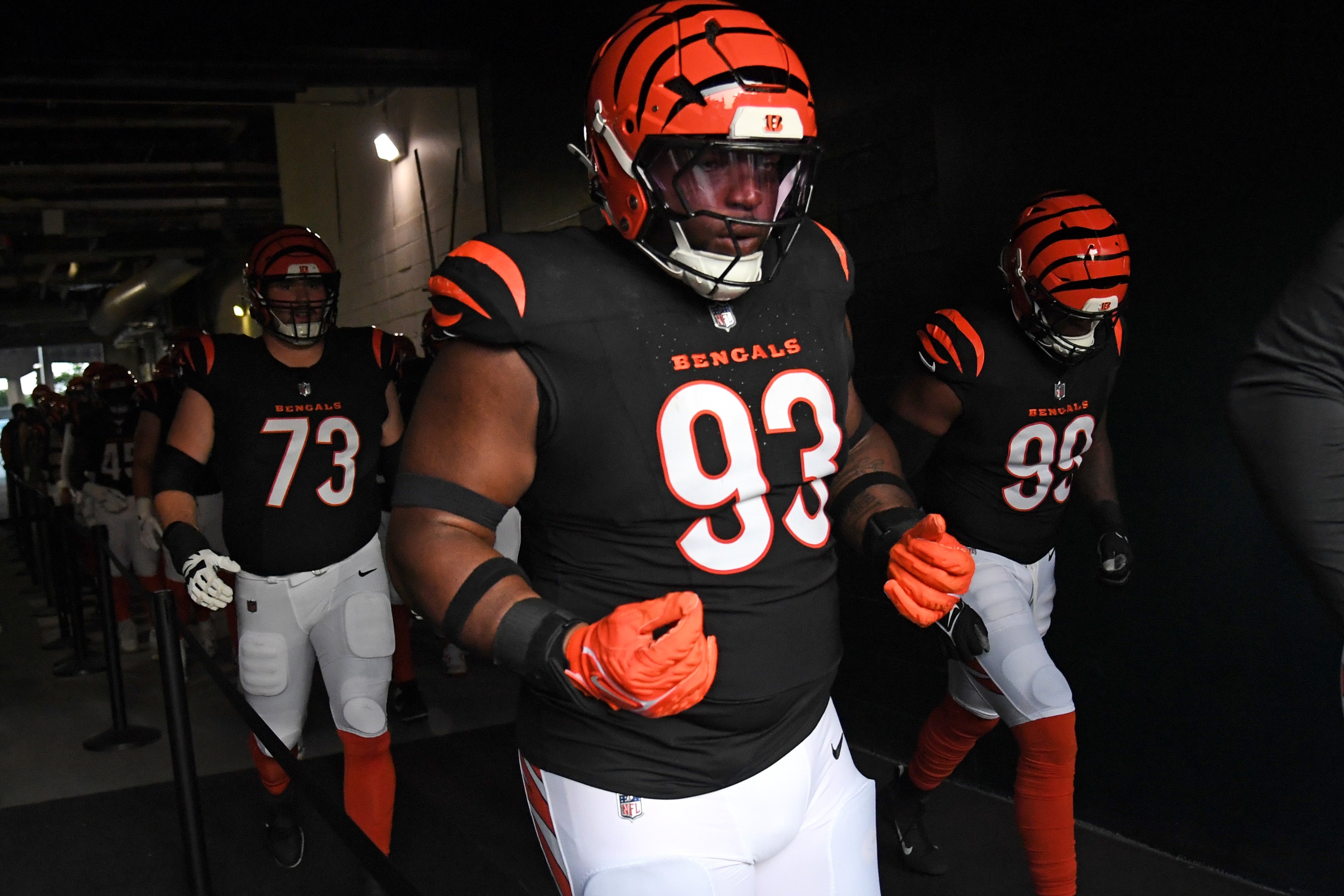 Aug 7, 2025; Philadelphia, Pennsylvania, USA; Cincinnati Bengals defensive tackle McKinnley Jackson (93) in the tunnel against the Philadelphia Eagles at Lincoln Financial Field.