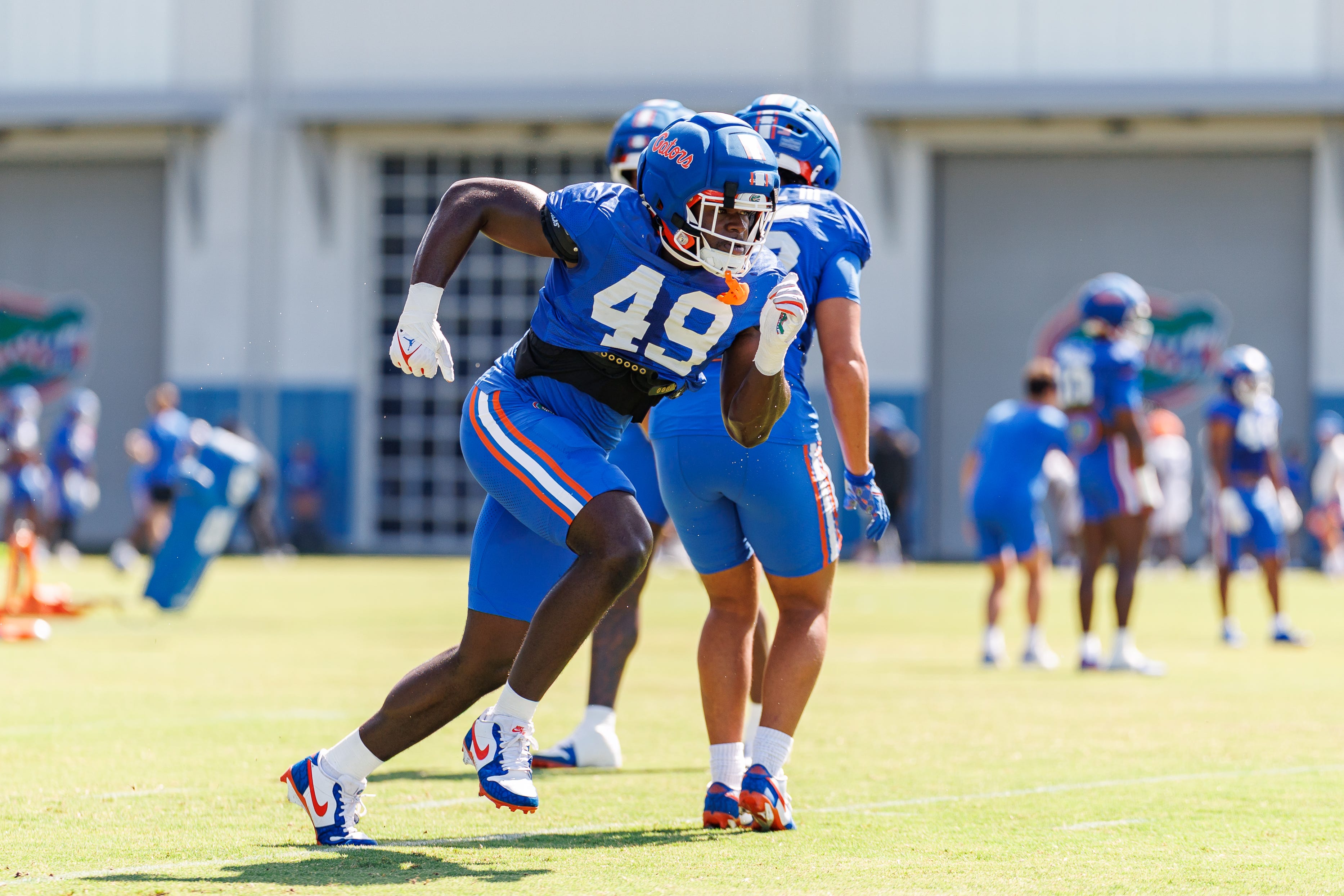Florida Gators edge Jalen Wiggins (49) runs during fall football practice at Heavener Football Complex at the University of Florida in Gainesville, FL on Tuesday, August 12, 2025. [Matt Pendleton/Gainesville Sun]