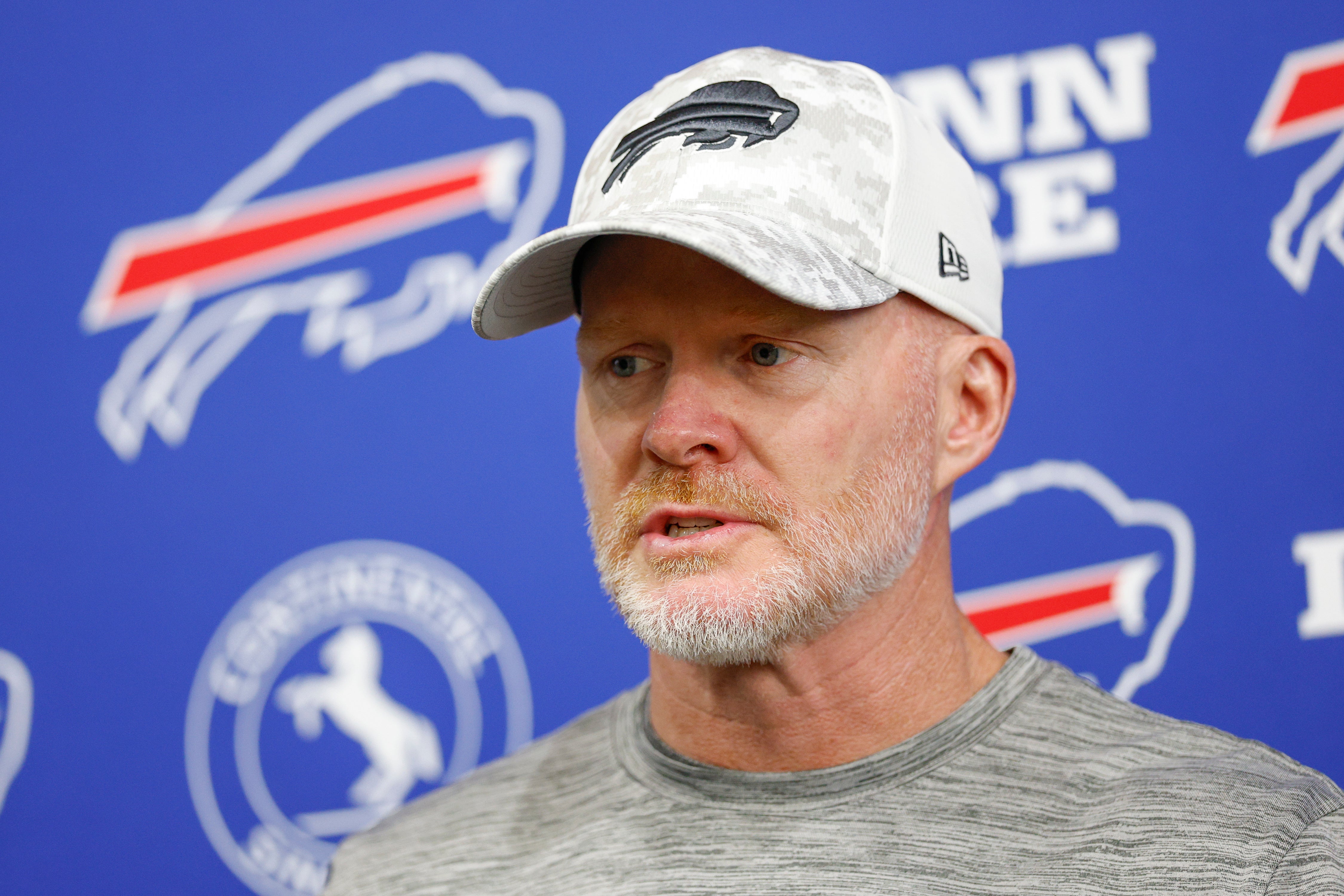 Aug 15, 2025; Lake Forest, IL, USA; Buffalo Bills head coach Sean McDermott addresses the media at Halas Hall before joint training camp practice with the Chicago Bears ahead of Sunday's preseason game.