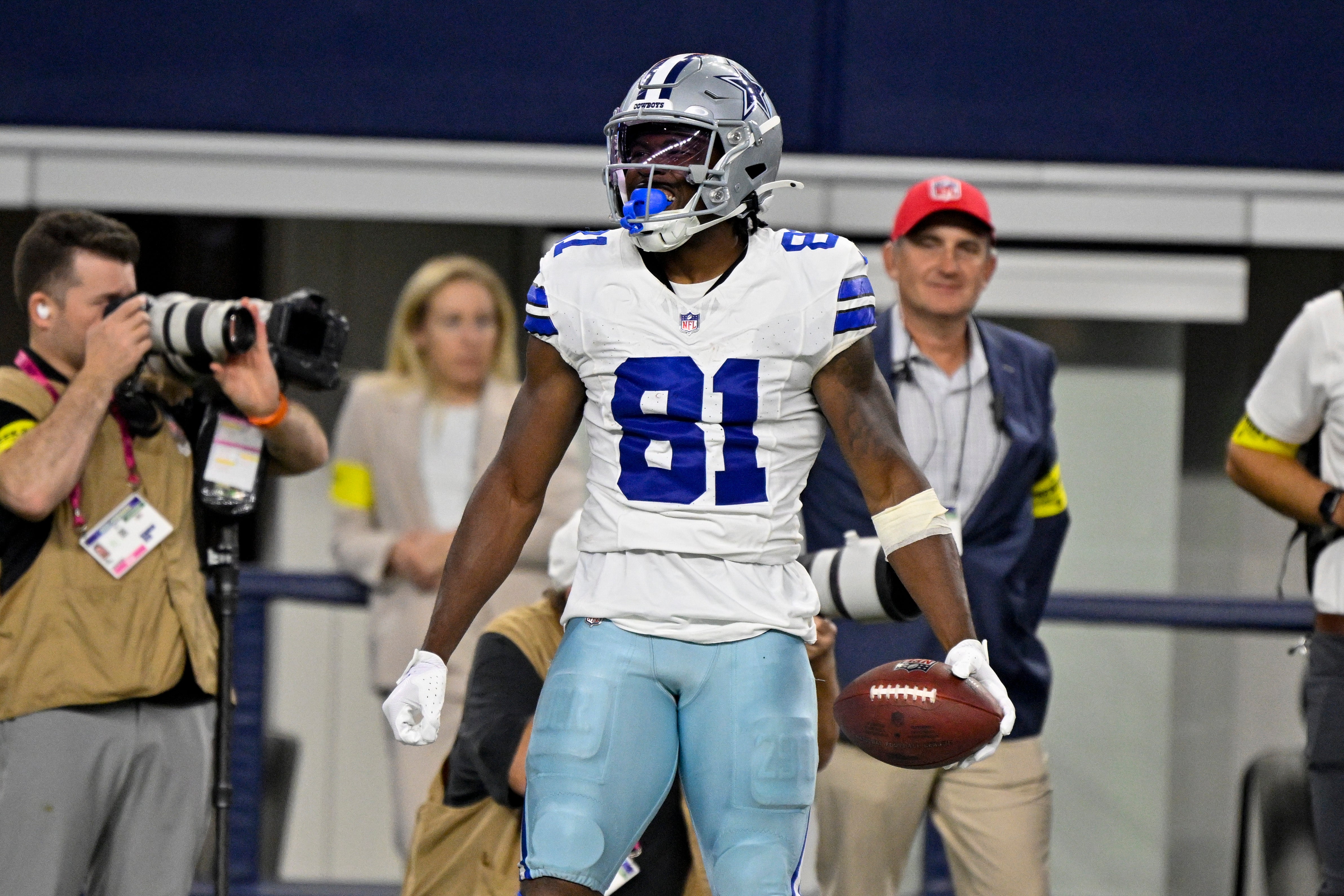 Aug 16, 2025; Arlington, Texas, USA; Dallas Cowboys wide receiver Jonathan Mingo (81) celebrates after he catches a pass for a first down against the Baltimore Ravens during the second half at AT&T Stadium.