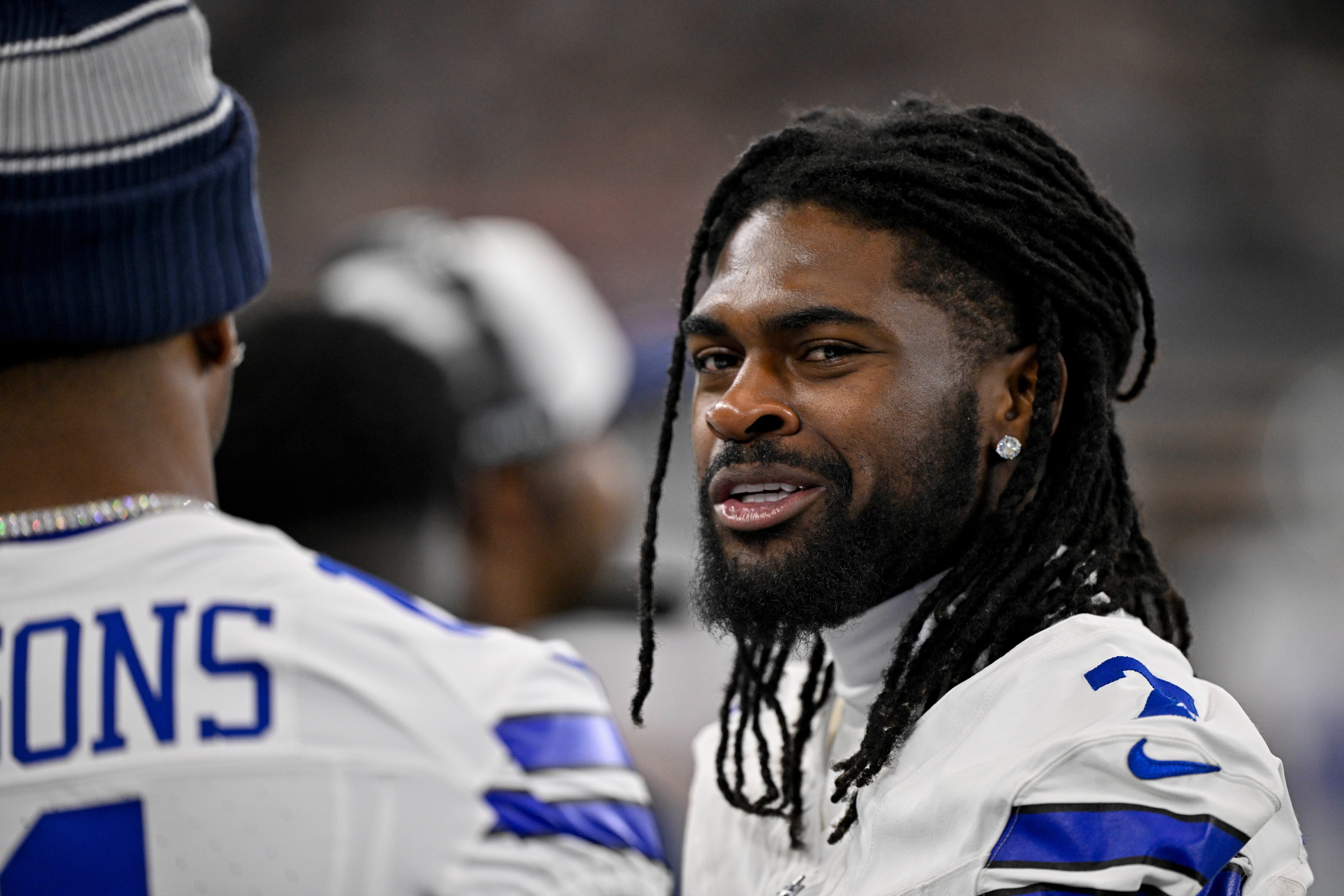 Aug 16, 2025; Arlington, Texas, USA; Dallas Cowboys cornerback Trevon Diggs (7) looks on before the game between the Dallas Cowboys and the Baltimore Ravens at AT&T Stadium.