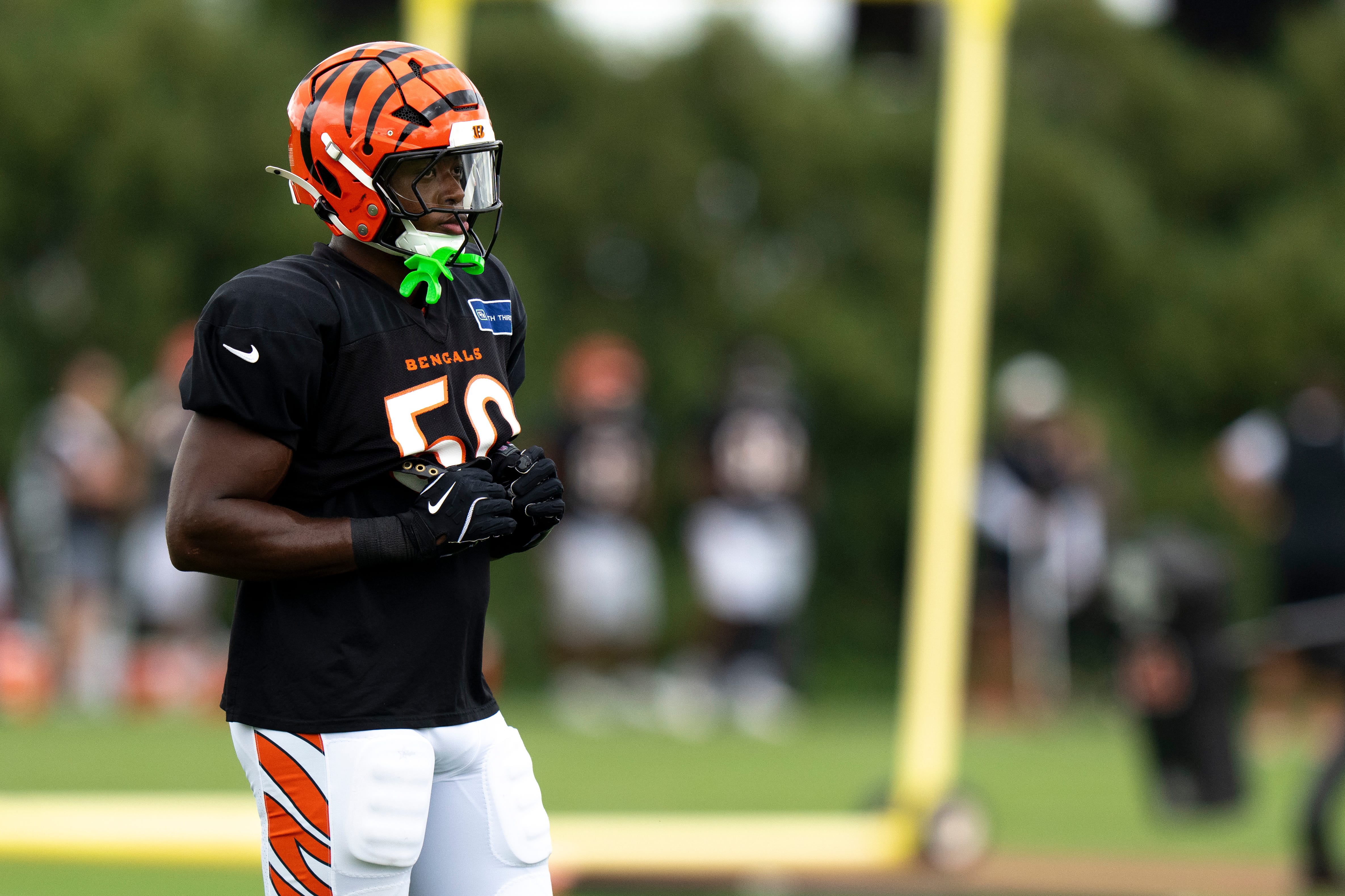Cincinnati Bengals linebacker Shaka Heyward (50) stands during Cincinnati Bengals Practice in Cincinnati on Aug. 21, 2025.