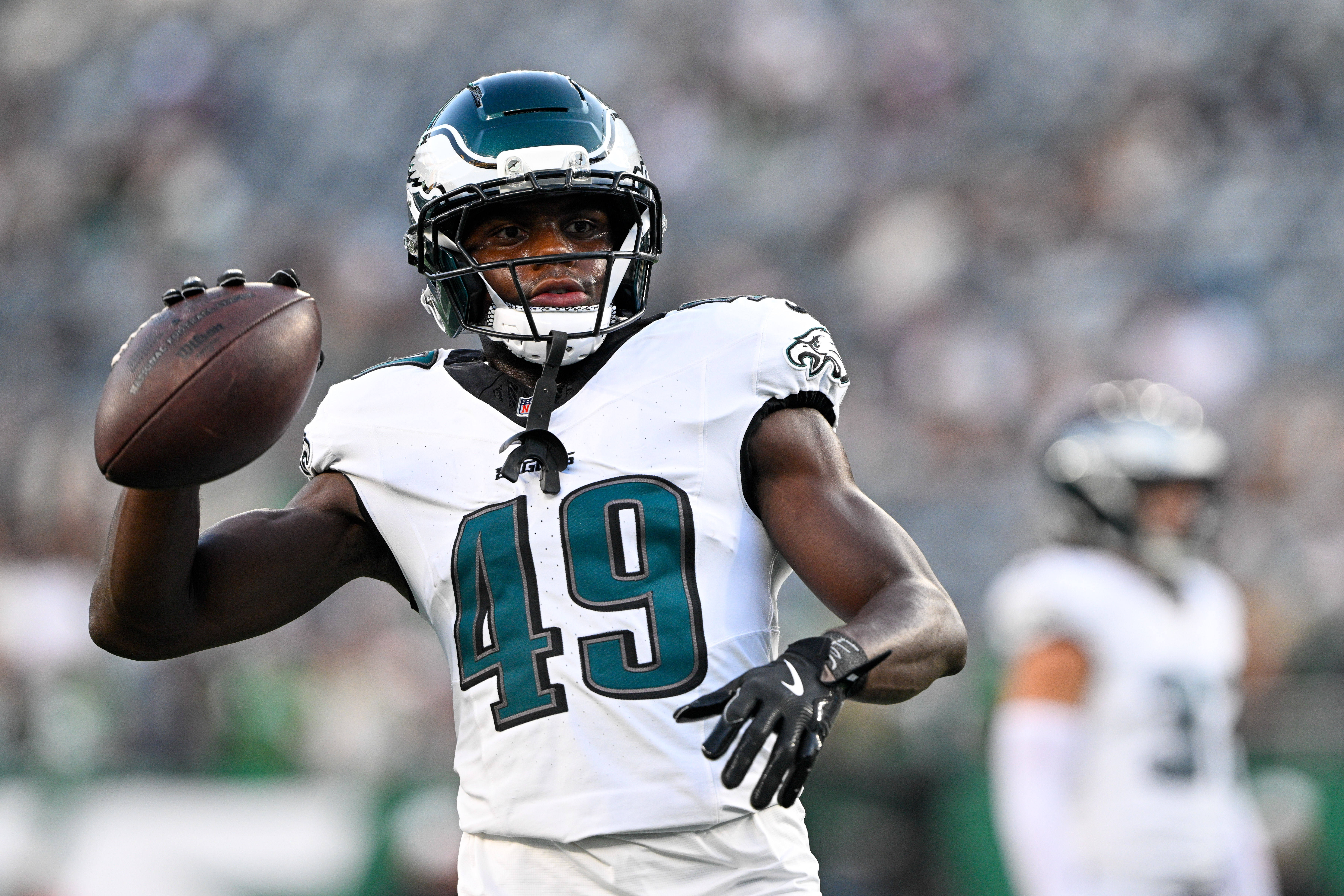 Aug 22, 2025; East Rutherford, New Jersey, USA; Philadelphia Eagles cornerback Jakorian Bennett (49) warms up before the game against the New York Jets at MetLife Stadium.