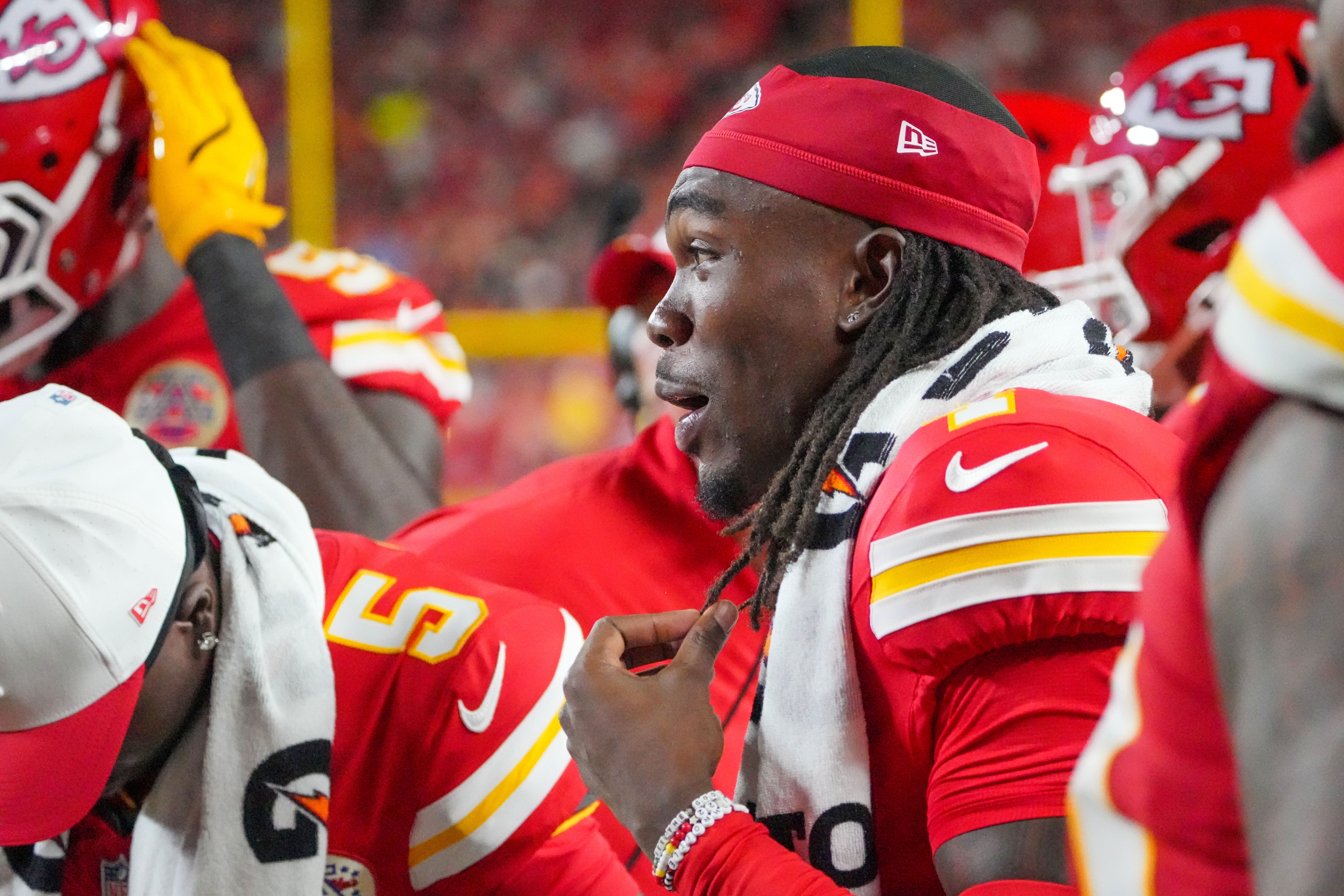 Kansas City Chiefs wide receiver Rashee Rice (4) on the sidelines