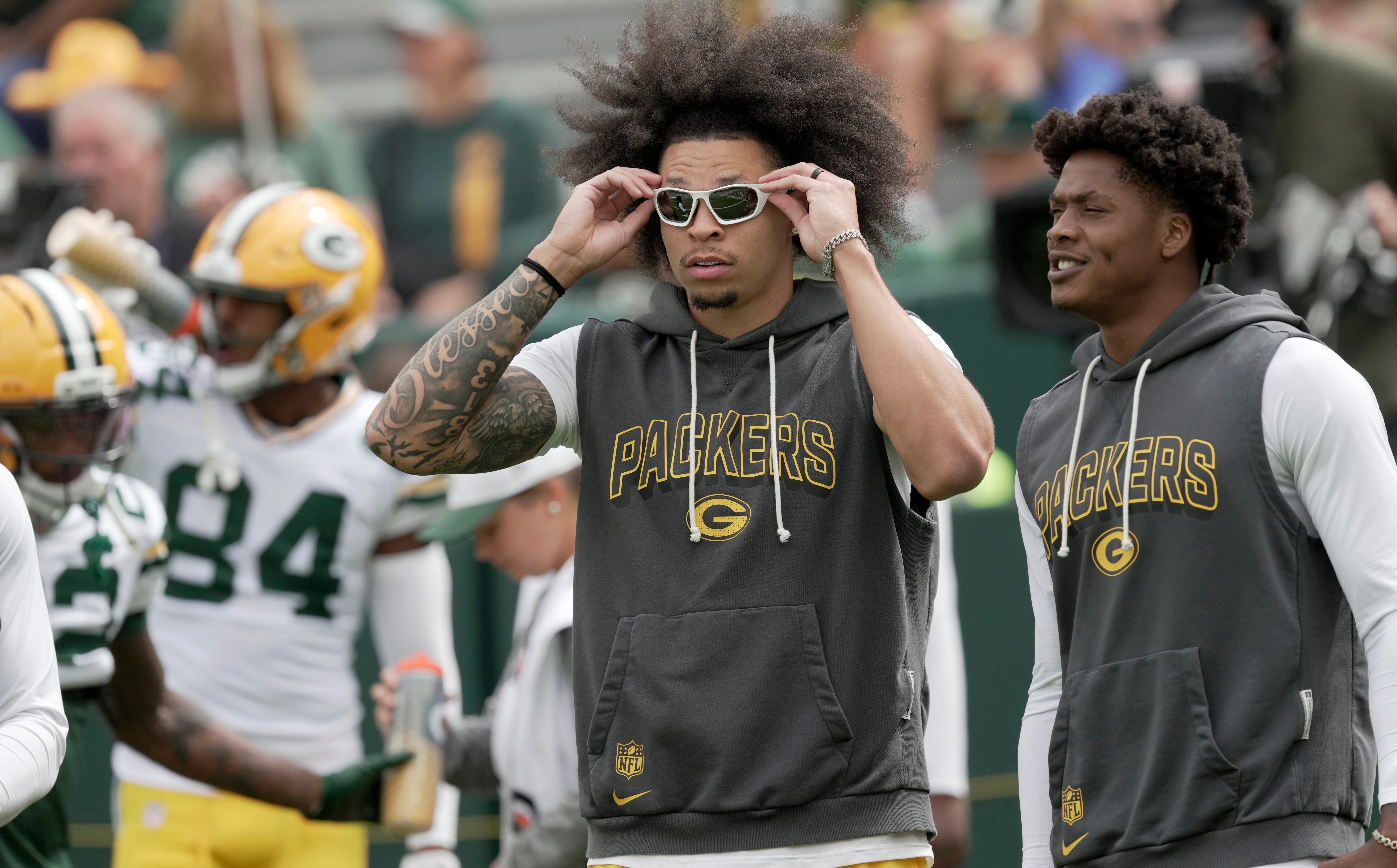 Green Bay Packers wide receiver Christian Watson (9) is shown before their preseason game against there Seattle Seahawks Saturday, August 23, 2025 at Lambeau Field in Green Bay, Wisconsin.
