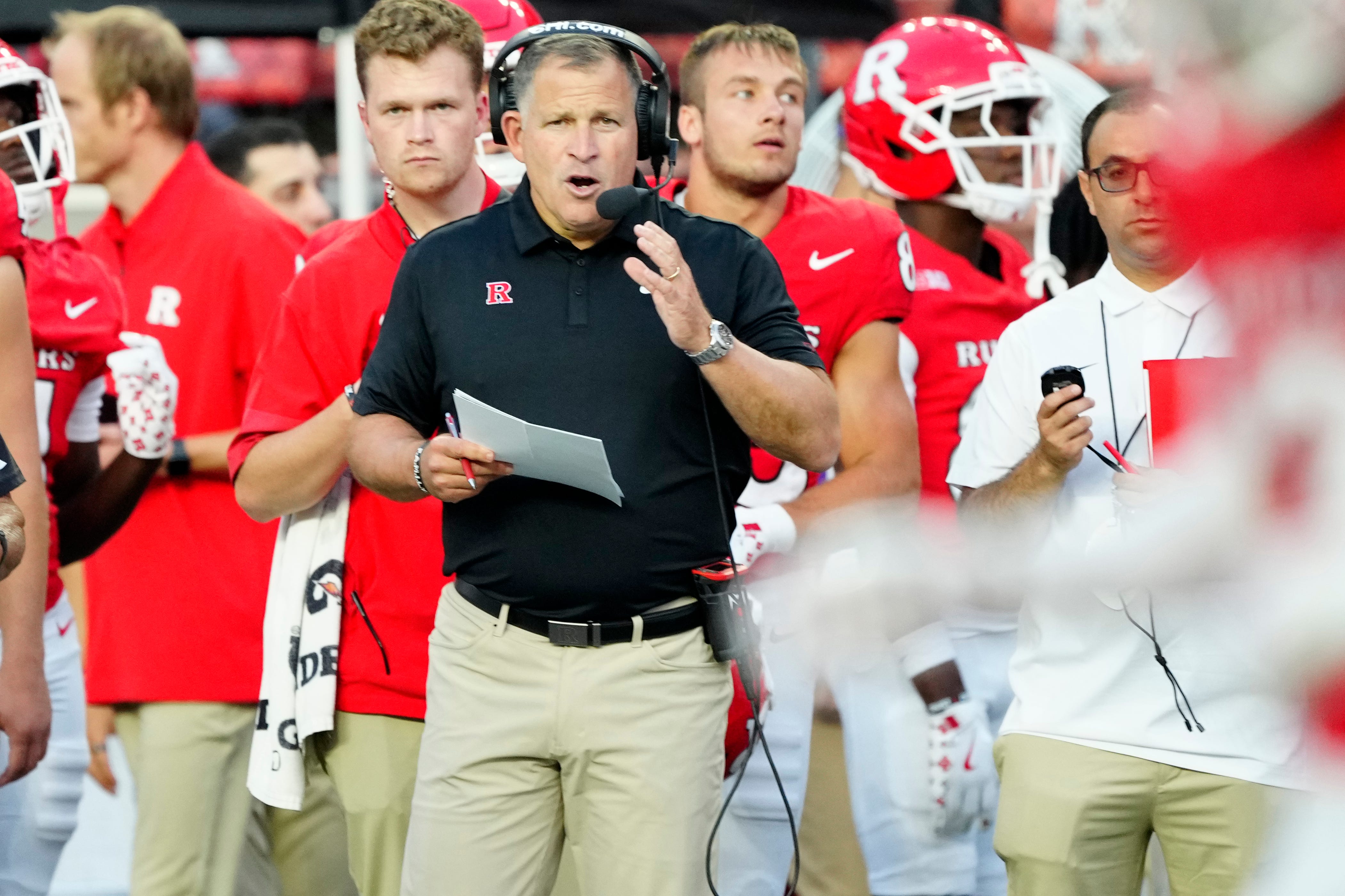 Rutgers Head Coach, Greg Schiano watches his Scarlet Knights, Thursday, August 28, 2025.