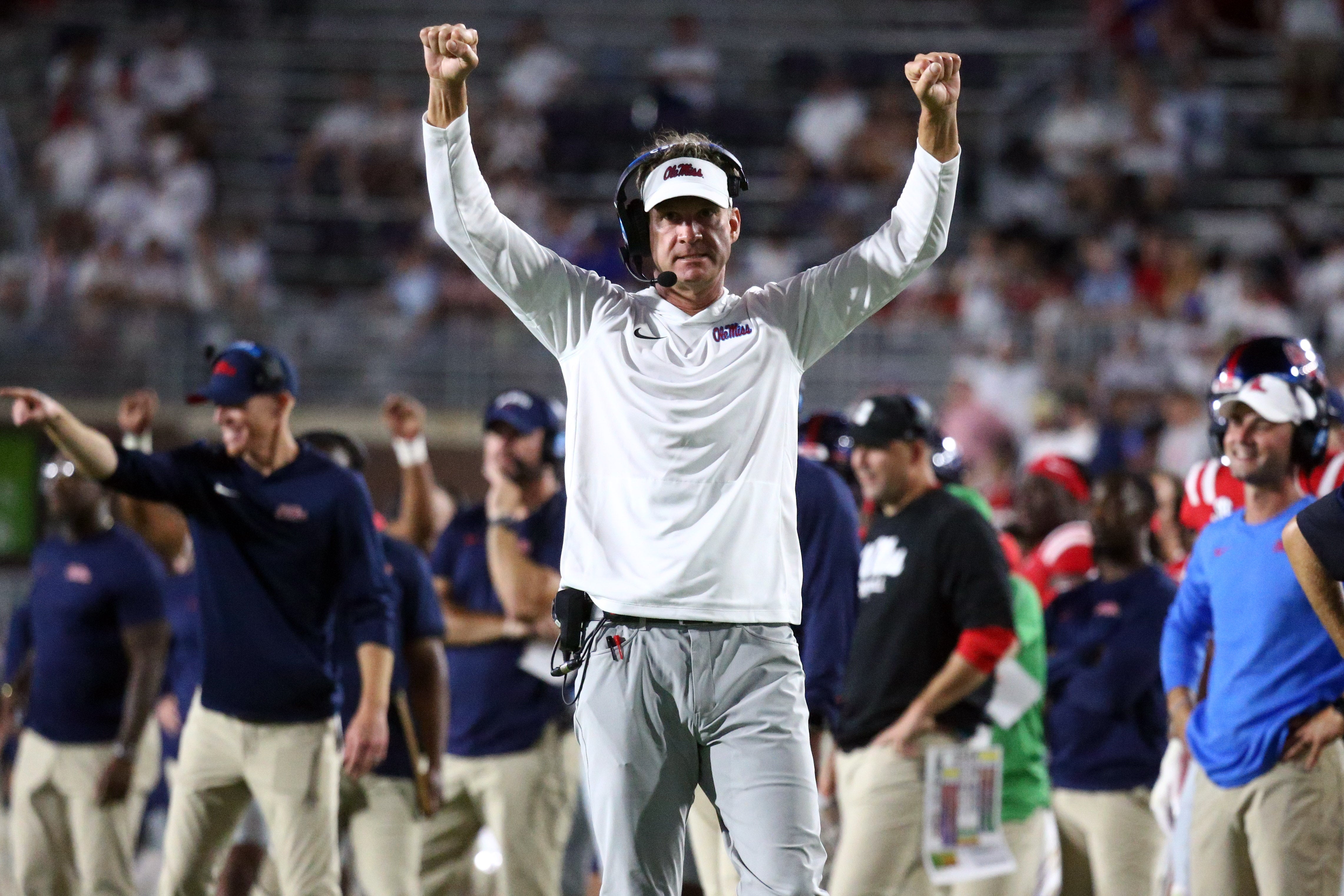 Aug 30, 2025; Oxford, Mississippi, USA; Mississippi Rebels head coach Lane Kiffin reacts during the fourth quarter against the Georgia State Panthers at Vaught-Hemingway Stadium. Mandatory Credit: Petre Thomas-Imagn Images