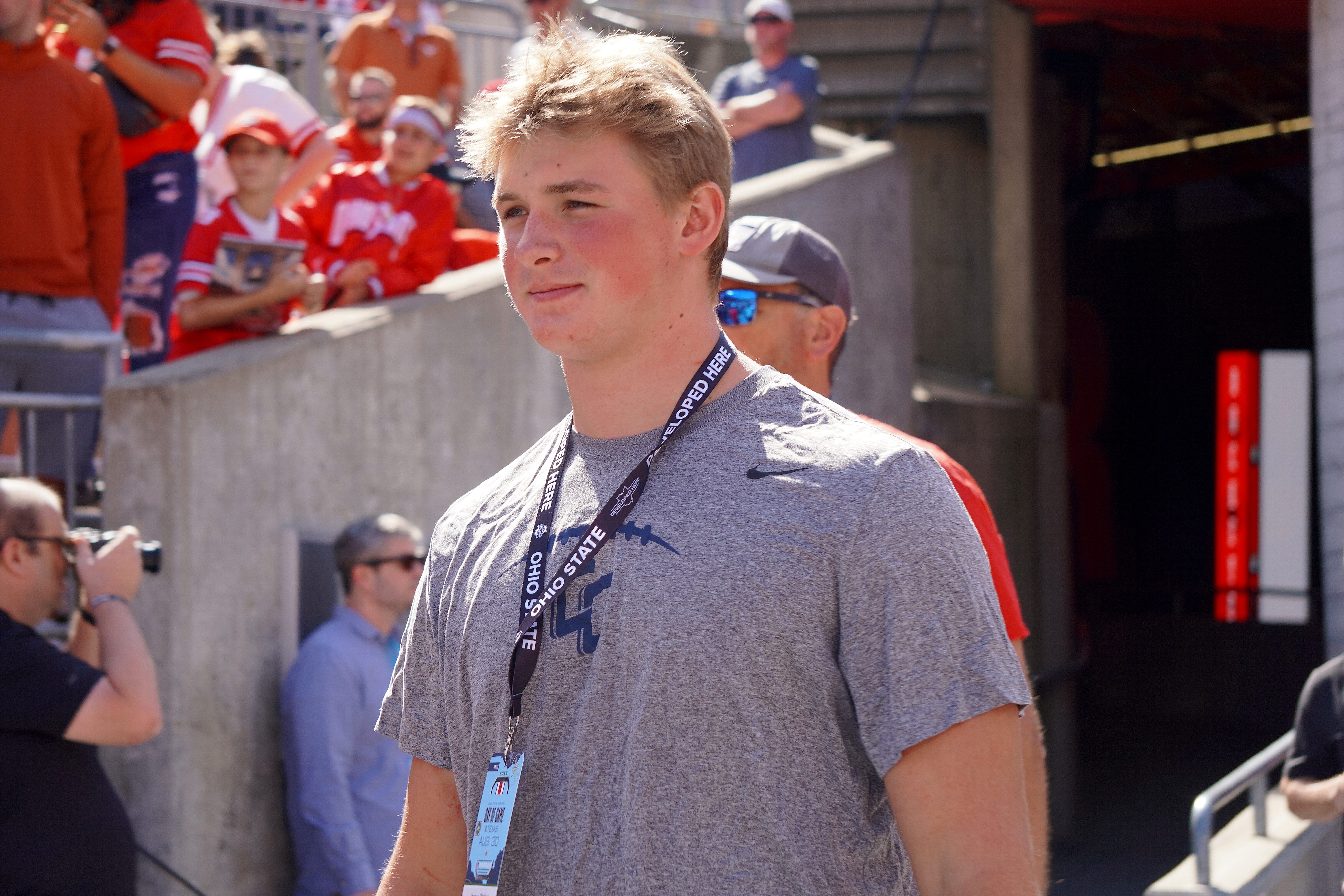 James Halter, Central Catholic offensive lineman, soaks up the atmosphere of the game between the Ohio State Buckeyes and Texas Longhorns at Ohio Stadium on Aug. 30, 2025.