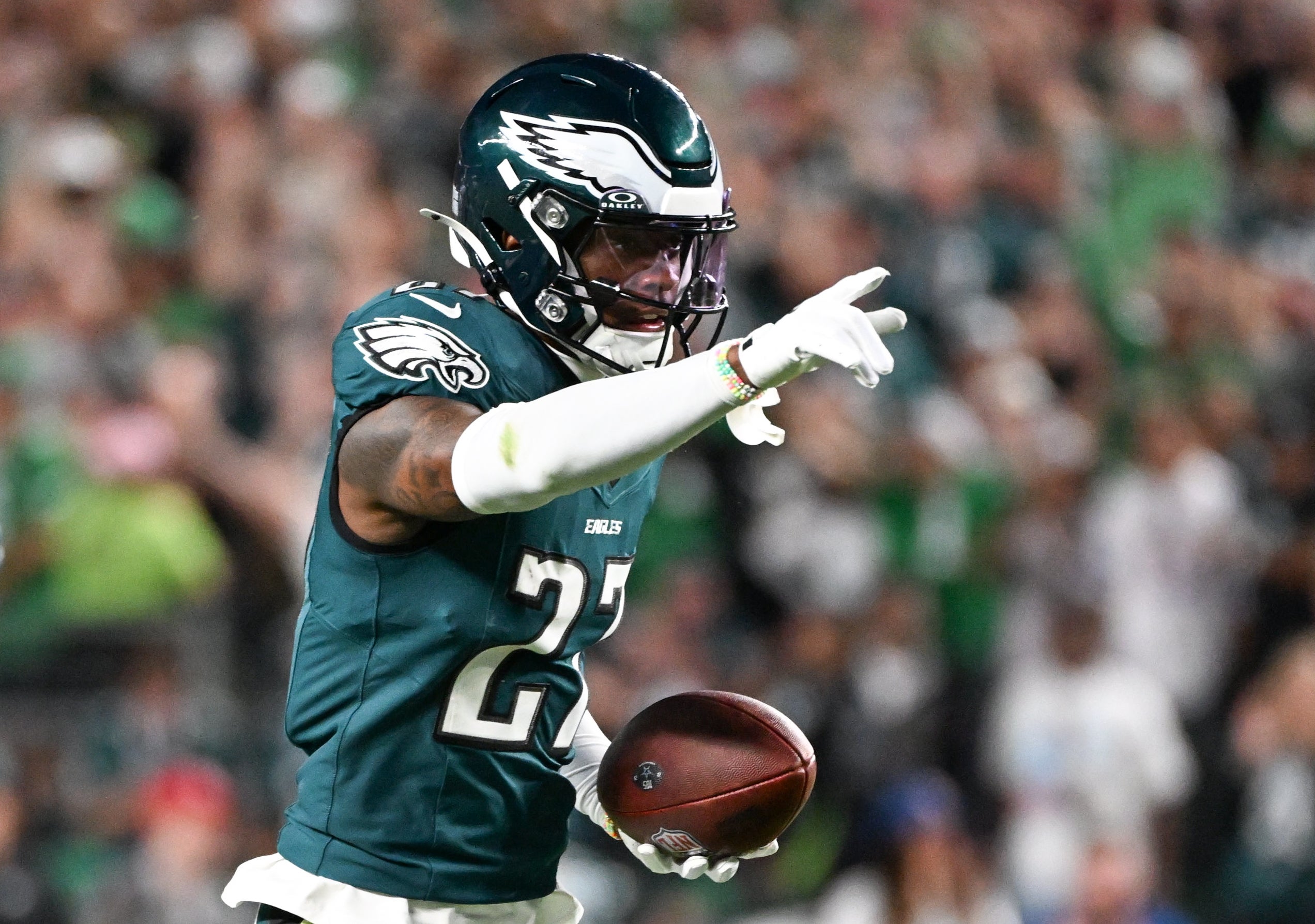 Philadelphia Eagles cornerback Quinyon Mitchell (27) reacts after a fumble recovery against the Dallas Cowboys during the third quarter of the game at Lincoln Financial Field.
