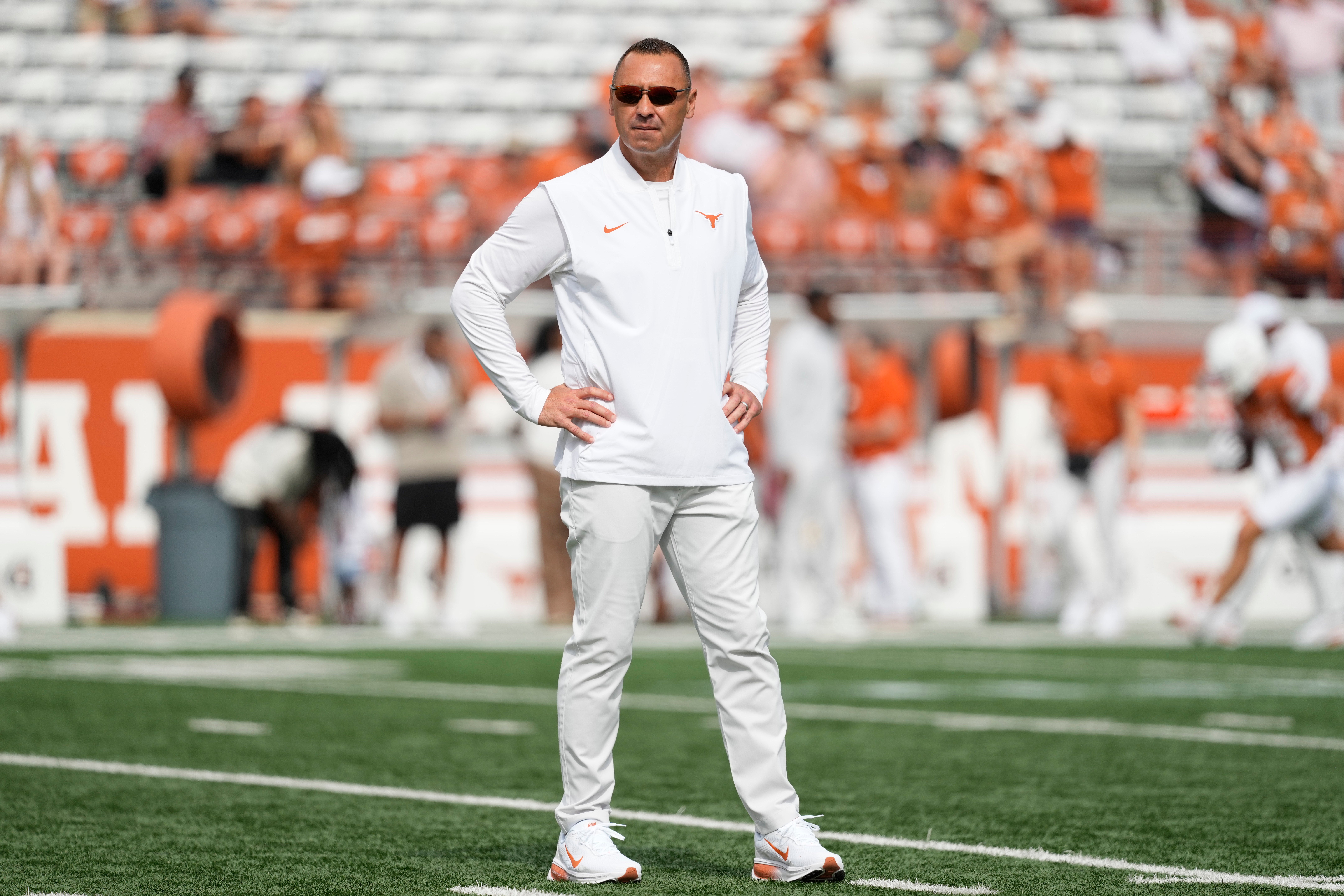Sep 6, 2025; Austin, Texas, USA; Texas Longhorns head coach Steve Sarkisian watches his team warm up before the game against San Jose State Spartans at Darrell K Royal-Texas Memorial Stadium.