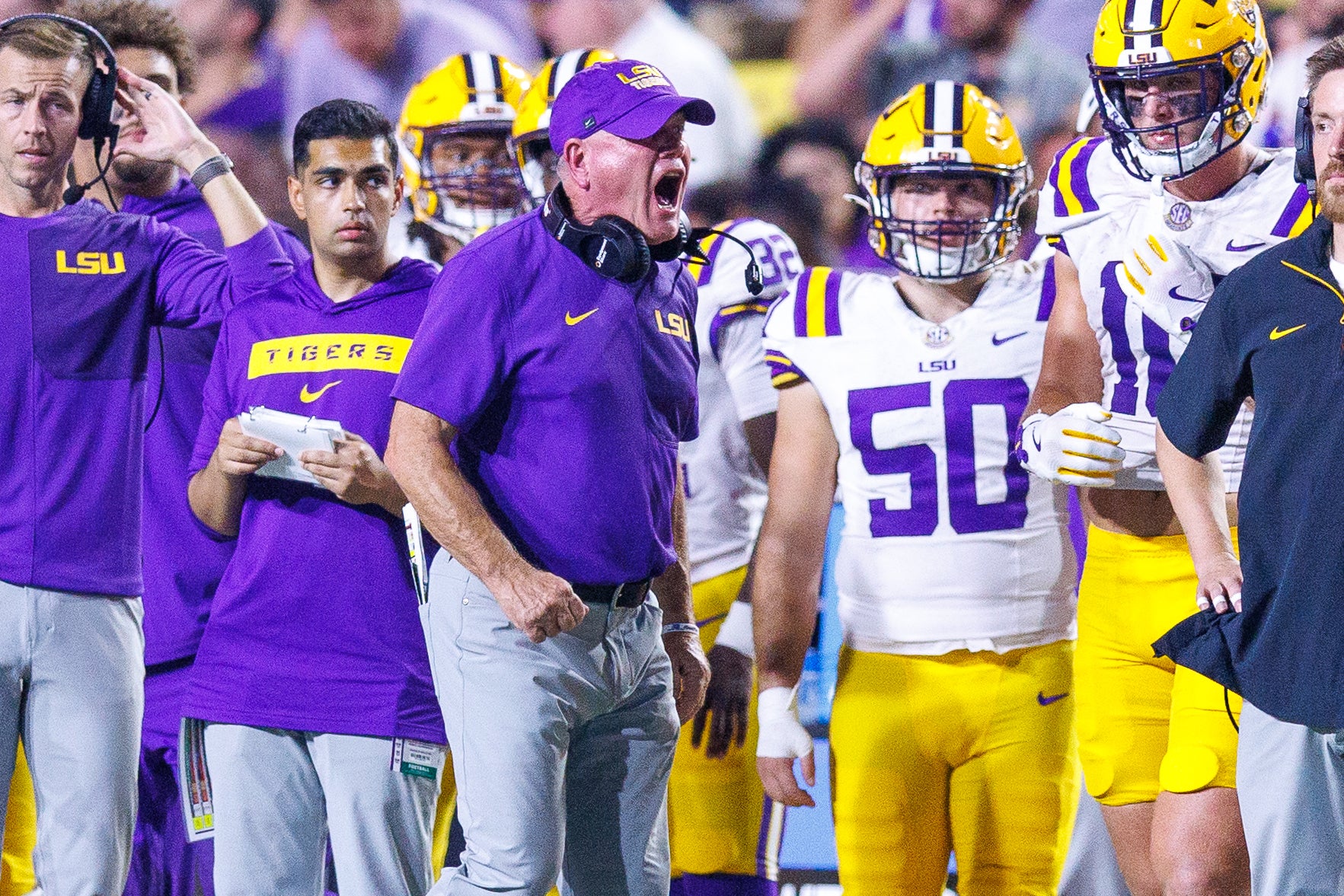 Sep 6, 2025; Baton Rouge, Louisiana, USA; LSU Tigers head coach Brian Kelly reacts to a play against Louisiana Tech Bulldogs during the second half against Louisiana Tech Bulldogs at Tiger Stadium. Mandatory Credit: Stephen Lew-Imagn Images