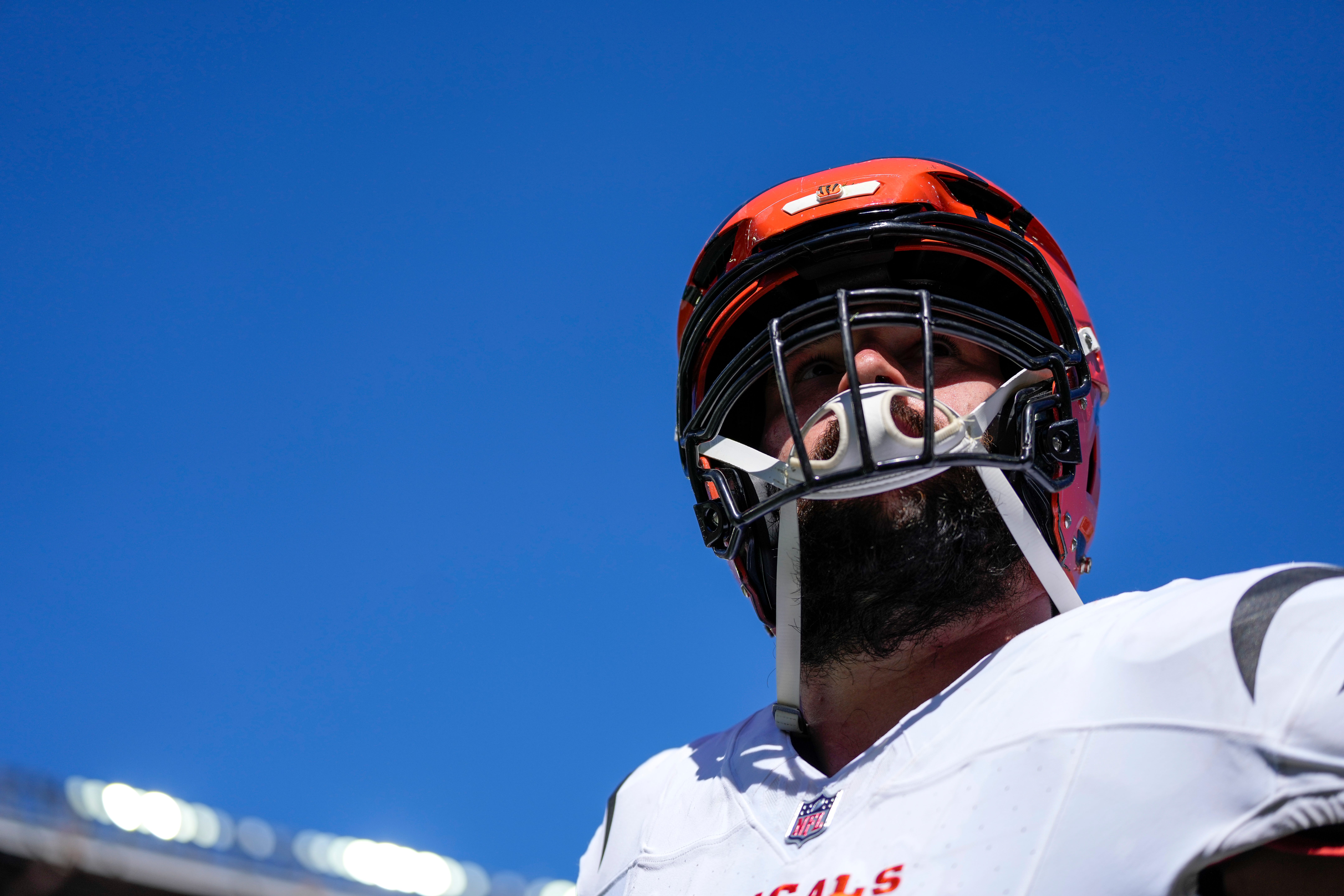 Cincinnati Bengals guard Lucas Patrick (62) heads for the locker room with an injury in the second quarter of the NFL Week 1 game between the Cleveland Browns and the Cincinnati Bengals at Huntington Bank Field in Cleveland on Sunday, Sept. 7, 2025.