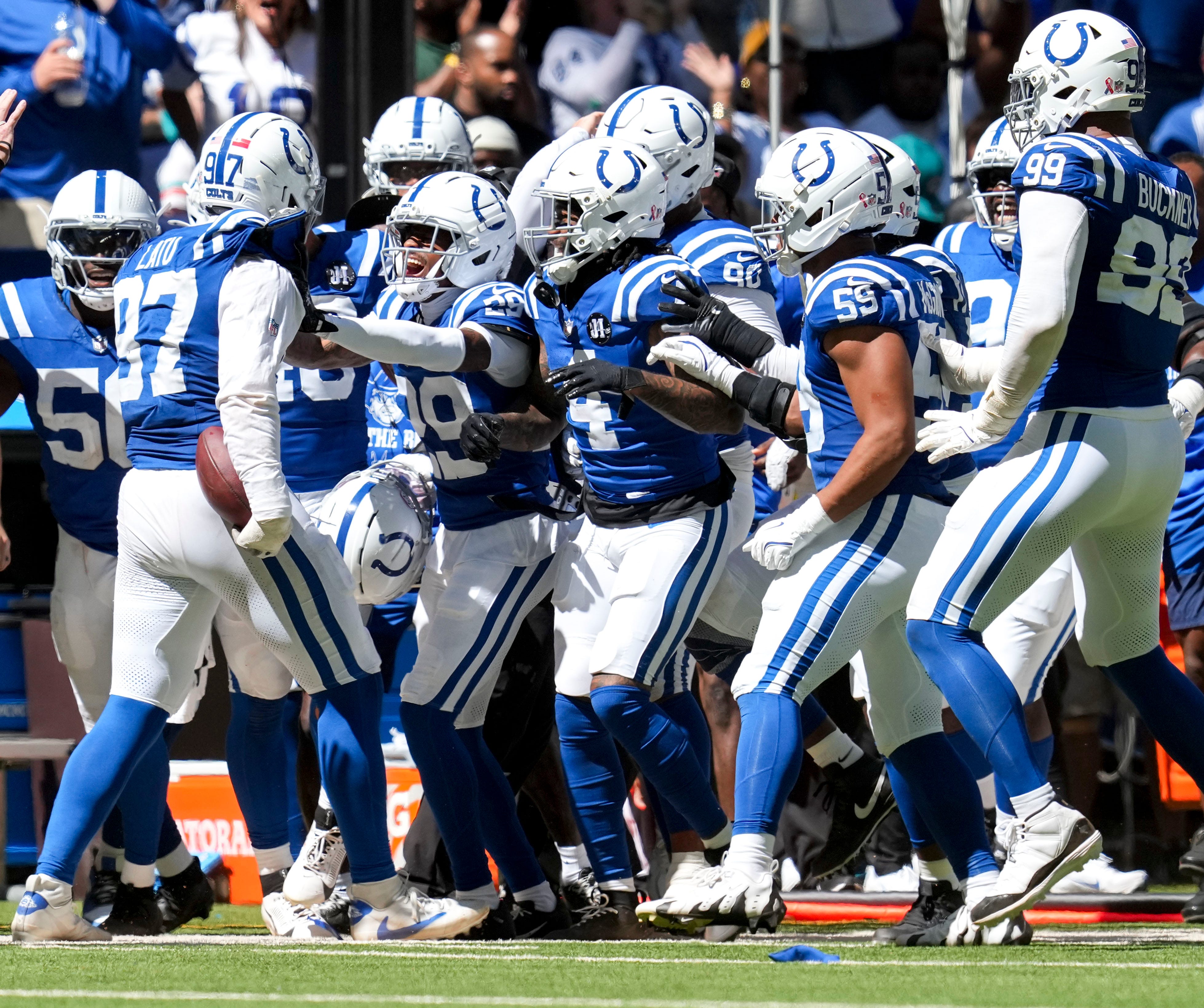 Colts defense celebrates a big play